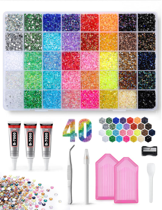 40 Colors 4mm Resin Flatback Rhinestones Kit, Bedazzling Kit with B7000 Glue, Rhinestone Pickup Pen, Tweezers, Sorting Trays & Storage Box for Nail Art, DIY Crafts, Phone Case, Clothes Decoration