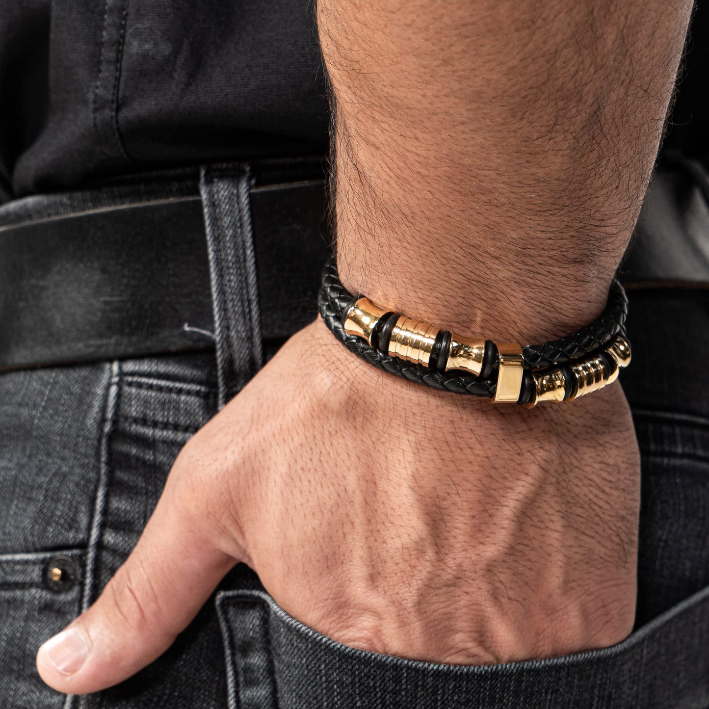SERASAR Mens Bracelets 23cm Gold Gift Box Genuine Leather Cowhide Braided Adjust Able Magnetic Clasp Multi Layer Wrap Jewellery Rope Man Mans Male Band Jewelry Accessories