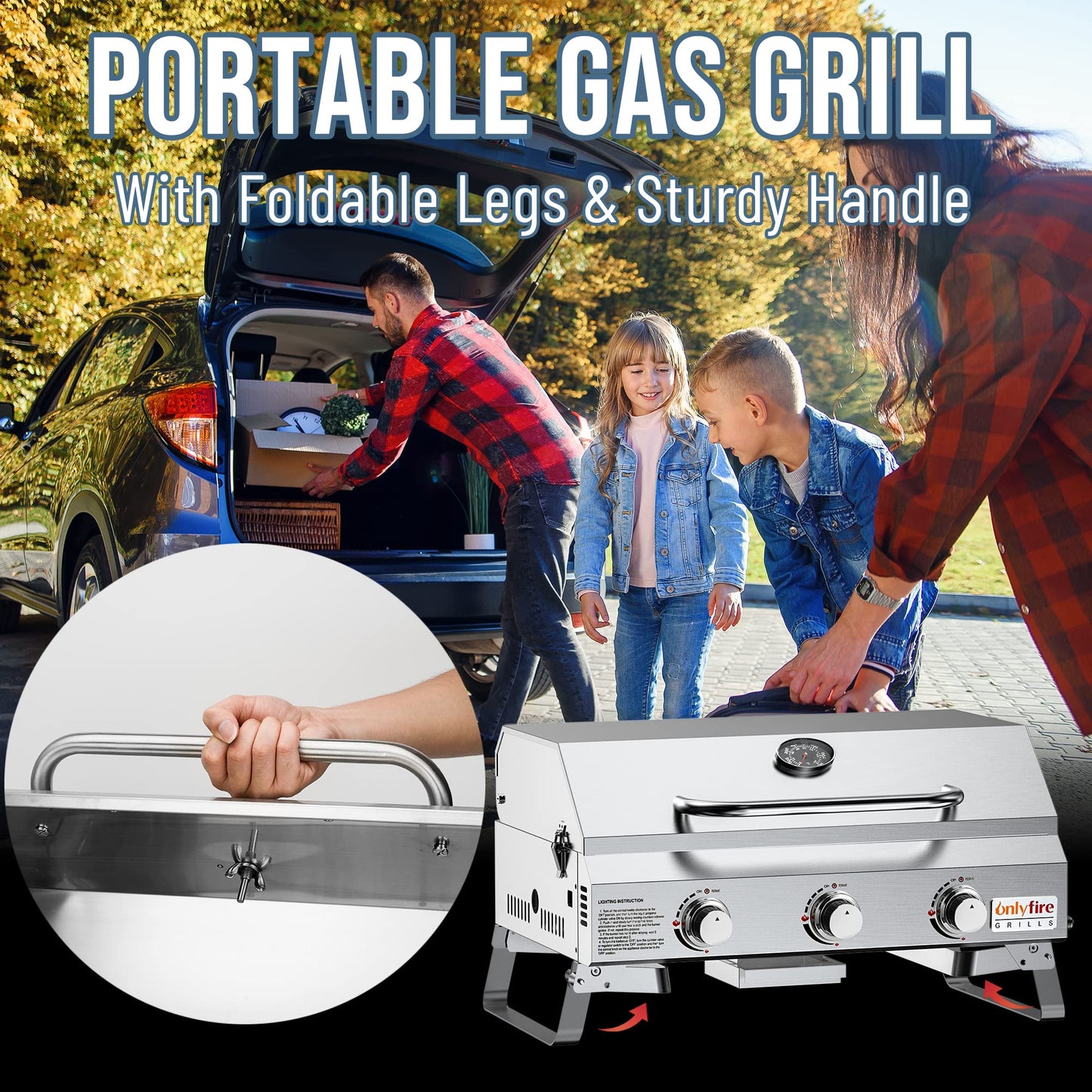 Tabletop Gas Grill 3 Burners, Portable Propane BBQ Grill with Foldable Legs & 22" Stainless Steel Grate for Outdoor Patio Backyard Barbecue, Camping Tailgating RV, 24000BTU High Output, Classic GS307