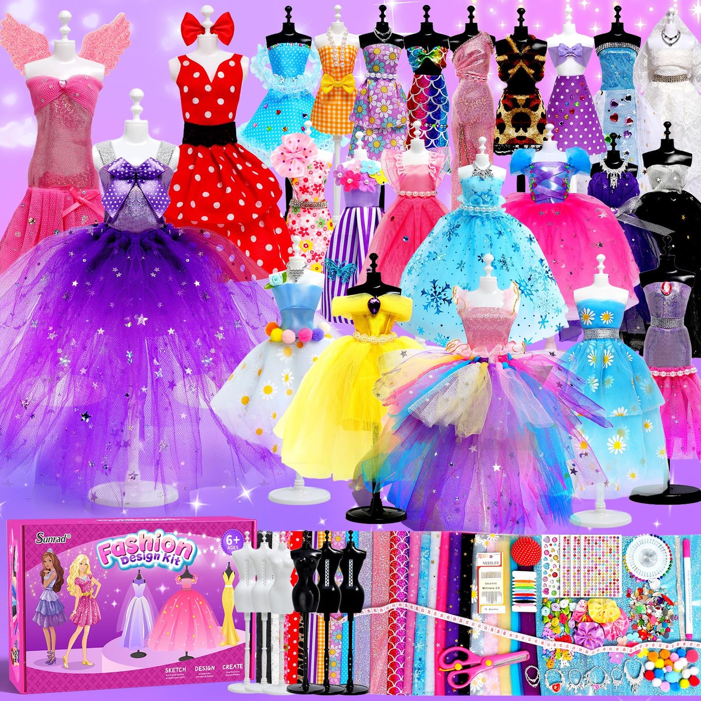 Sunrad 1500+ PCS Fashion Designer Kits for Girls with 6 Mannequins, DIY Arts & Crafts Sewing Kit for Kids Doll Clothes Making Toys, Birthday Gifts for Girls Age 6 7 8 9 10 11 12+