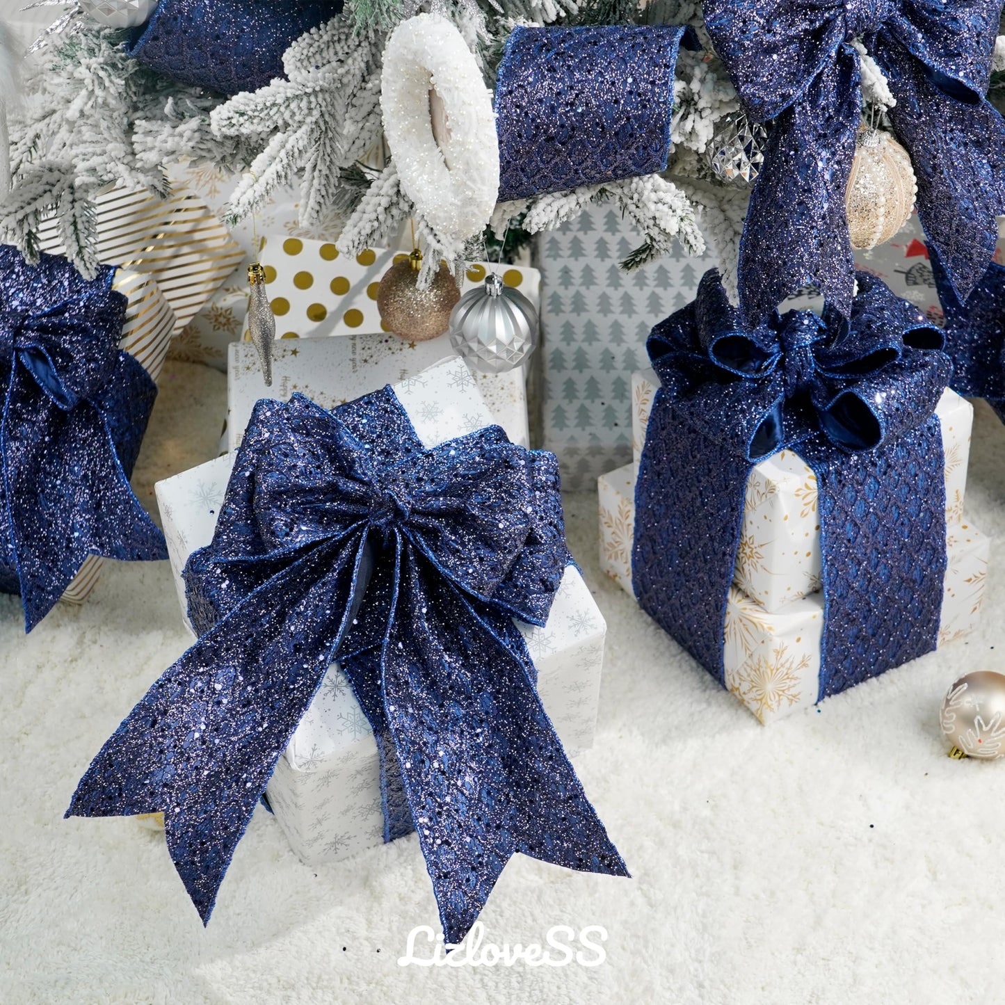 LIZLOVESS Navy Blue Christmas Ribbon 4" Glitter Mesh Wired Ribbon for Christmas Tree Blue Diamond Honeycomb Ribbon for Gift Wrapping, Crafts, Wreath Supplies, Garland, Tree Topper Bows - 10 Yards
