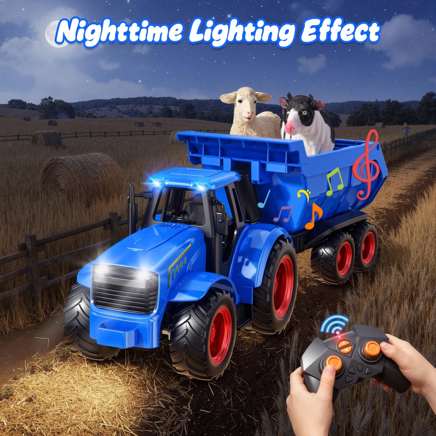 Funwee RC Tractor Toy Set with Light & Sound, Kids Farm Car Animal Trailer Wheels Remote Truck, Outdoor Vehicle Toys for 3-7+ Years Old Toddler Boy and Girl Gift(Blue)