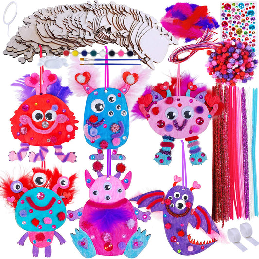 36 Sets Valentine's Day Craft Kits DIY Valentine Monster Wood Ornaments Decorations Art Sets Assorted Paintable Unfinished Wood Monster Cutouts Pom-Poms Googly Eyes for Kids Valentine Party Activity