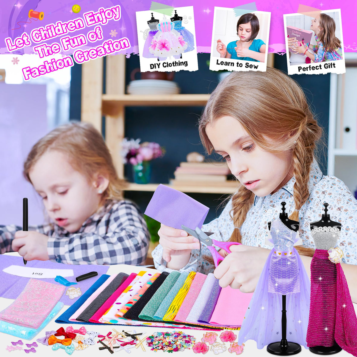 MINIFUN 1500+Pcs Fashion Designer Kit for Girls, Sewing Kit with 7 Mannequins, DIY Arts and Crafts Kit for Kids, Doll Clothes Making Kit, Girl Toys for Age 6 7 8 9 10 11 12 Year Old Gifts