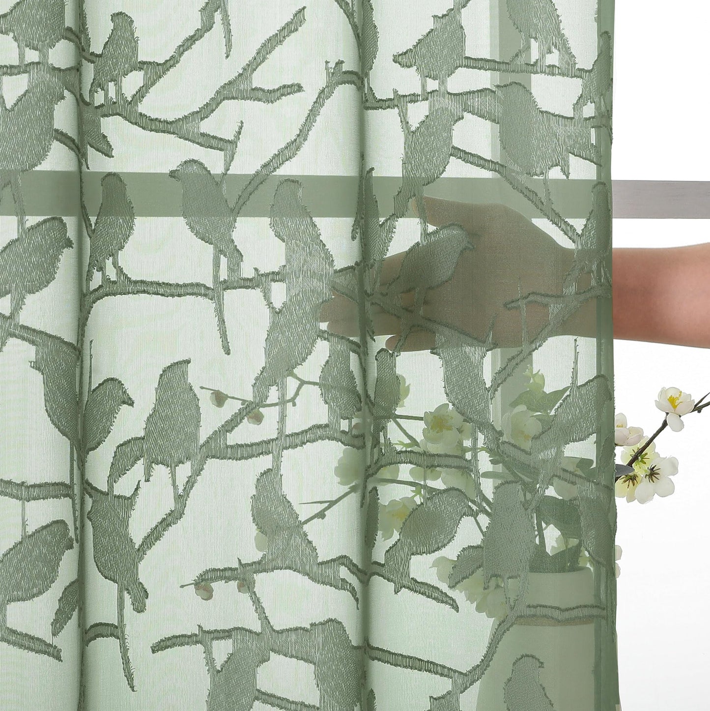 OVZME Sage Green Sheer Curtains 63 Inch Length 2 Panel Set, Light Filtering Bedroom Curtains with Dual Rod Pocket Top, Leaf Bird Clip Jacquard Sheer Farmhouse Window Drapes for Living Room, 2x38Wx63L
