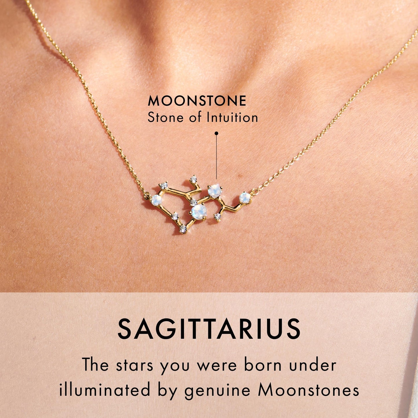 Moon Magic Moonstone Necklace - Sagittarius Zodiac Constellation / 925 Sterling Silver - 18k Rose Gold - Yellow Gold Rainbow Moonstone Necklaces for Women/Authentic Rainbow Crystal Jewelry