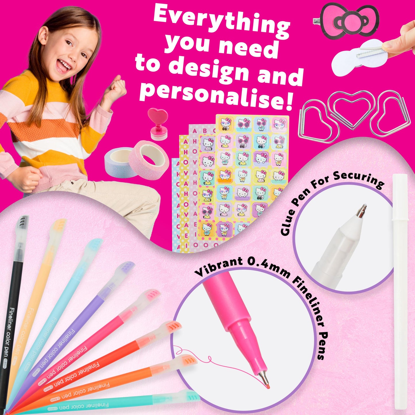 Hello Kitty Sanrio DIY Journal Kit for Girls Tweens, A5 Spiral Notebook with Stickers, Stationery Set, Cute Art & Crafts Supplies, Diary Set, Kawaii Anime Gifts for Girls (Pink Hello Kitty)