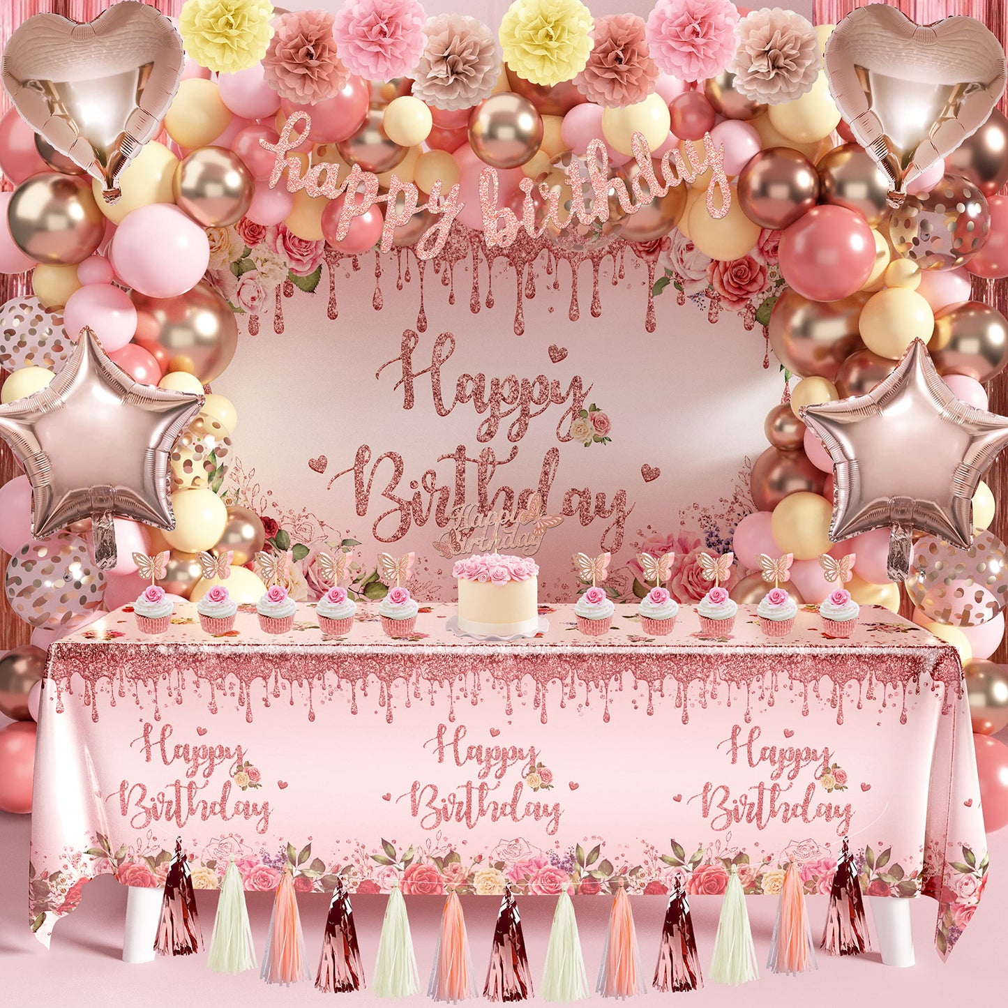 Rose Gold Birthday Party Decoration, 91 PCS Happy Birthday Pink Party Supplies for Girls Women (Banner Backdrop Tablecloth Fringe Curtains Balloons Garland Paper Tassels Garland Paper Pompoms)