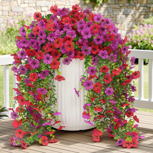 Artificial Fake Hanging Flowers Plants for Outdoor , 4PCS Faux Silk Daisy No Fade Spring Summer Decoration UV Resistant Realistic Plants plastic Flowers for Porch Patio Balcony Yard Decor(Purple Red)