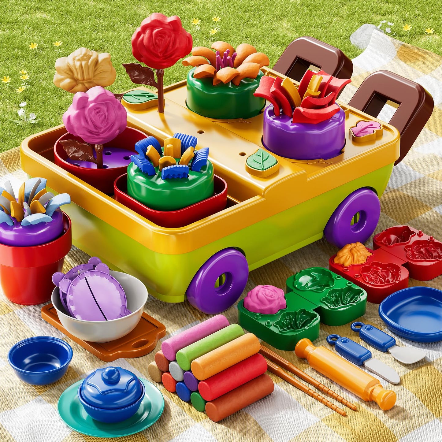 JUKUDAHU 50PCS Play Clay Set Blooming Flower Garden Toy Playset for Kids 3-5, DIY Nature Kits, Pretend Kitchen Toys Accessories with Cart, Toy Dishes, Gifts for Girls Boys Toddlers Ages 3 4 5 6 7 8 9