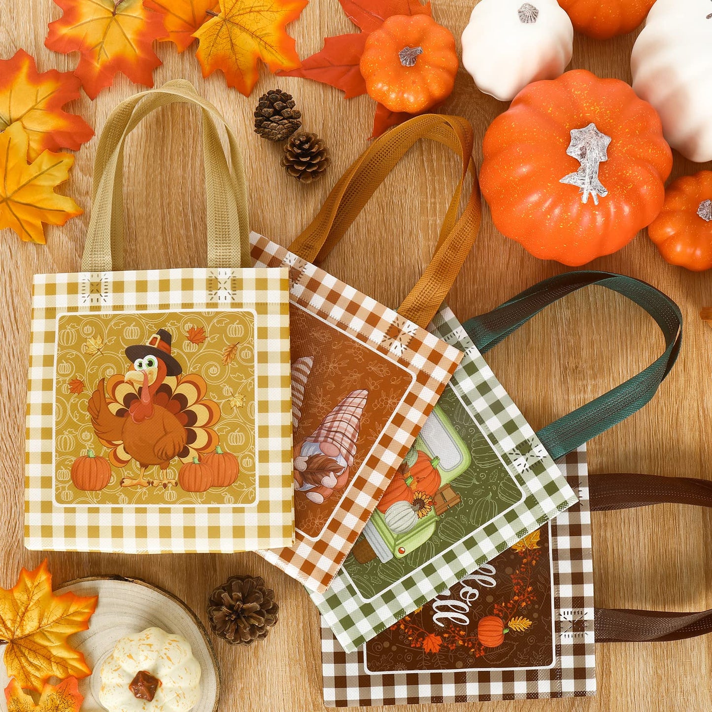 AnyDesign Fall Reusable Gift Bag Plaid Pumpkin Turkey Gnome Tote Bags with Handles Autumn Party Treat Bag Grocery Shopping Bags for Thanksgiving Patch Party, 8 Pack