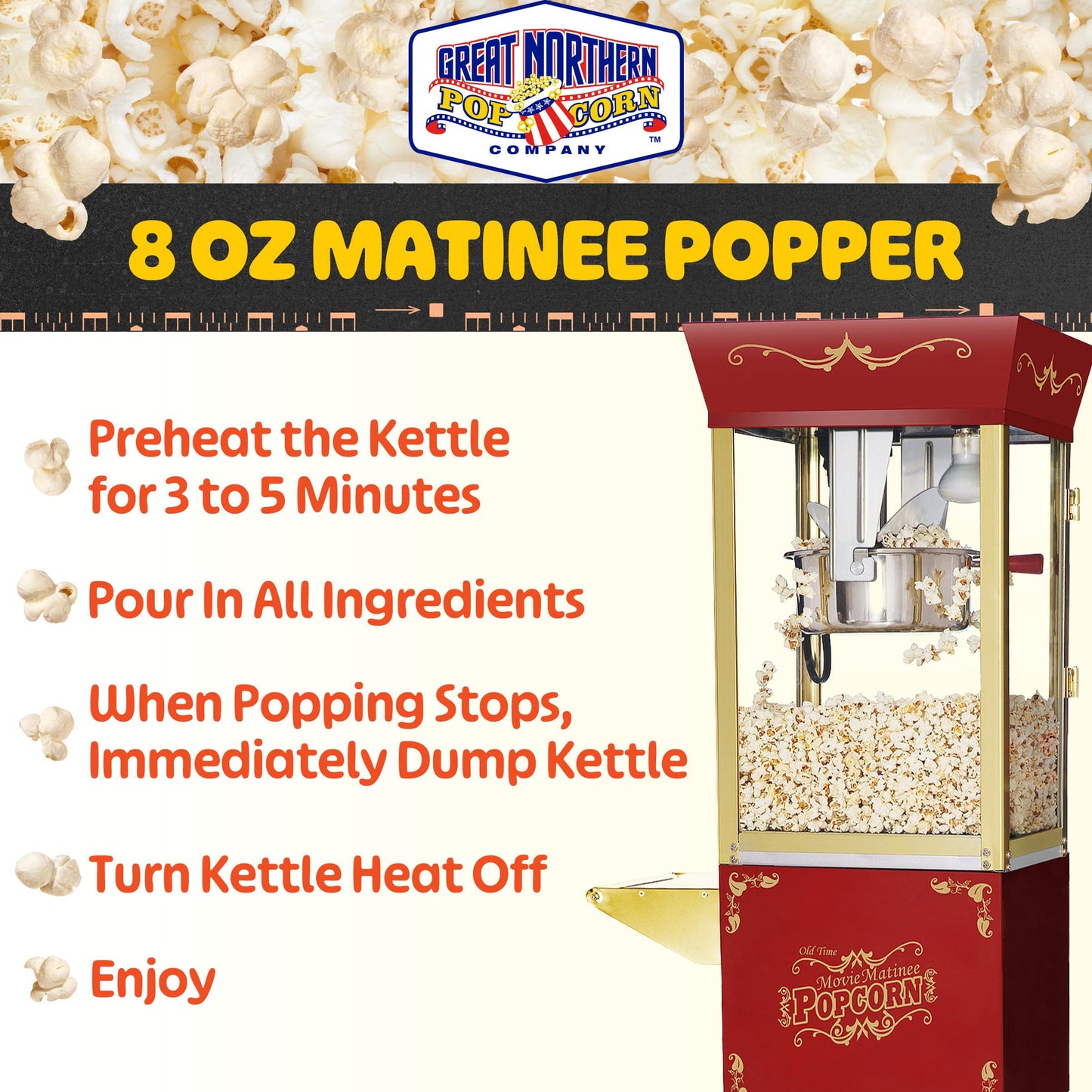 Matinee Popcorn Machine and Cart – 3 Gallon Popcorn Popper, 8oz Kettle, Warmer, and 5 All-In-One Kernel Packs by Great Northern Popcorn (Red)