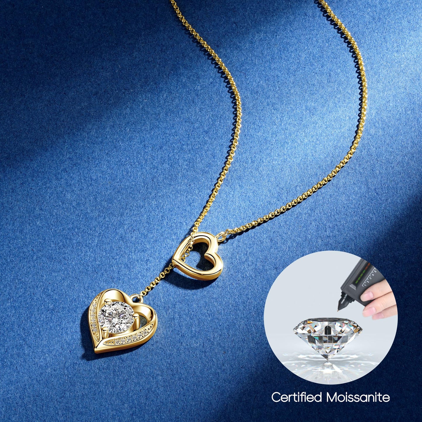 Moissanite Lariat Necklace for Women Heart Slip Chain Necklace 16-20 Inches Adjustable Long Chain Y Shape Necklace Gold Plated 925 Sterling Silver Love Pendant Jewelry Gifts for Wife, Girlfriend, Mom, Birthday, Anniversary Present