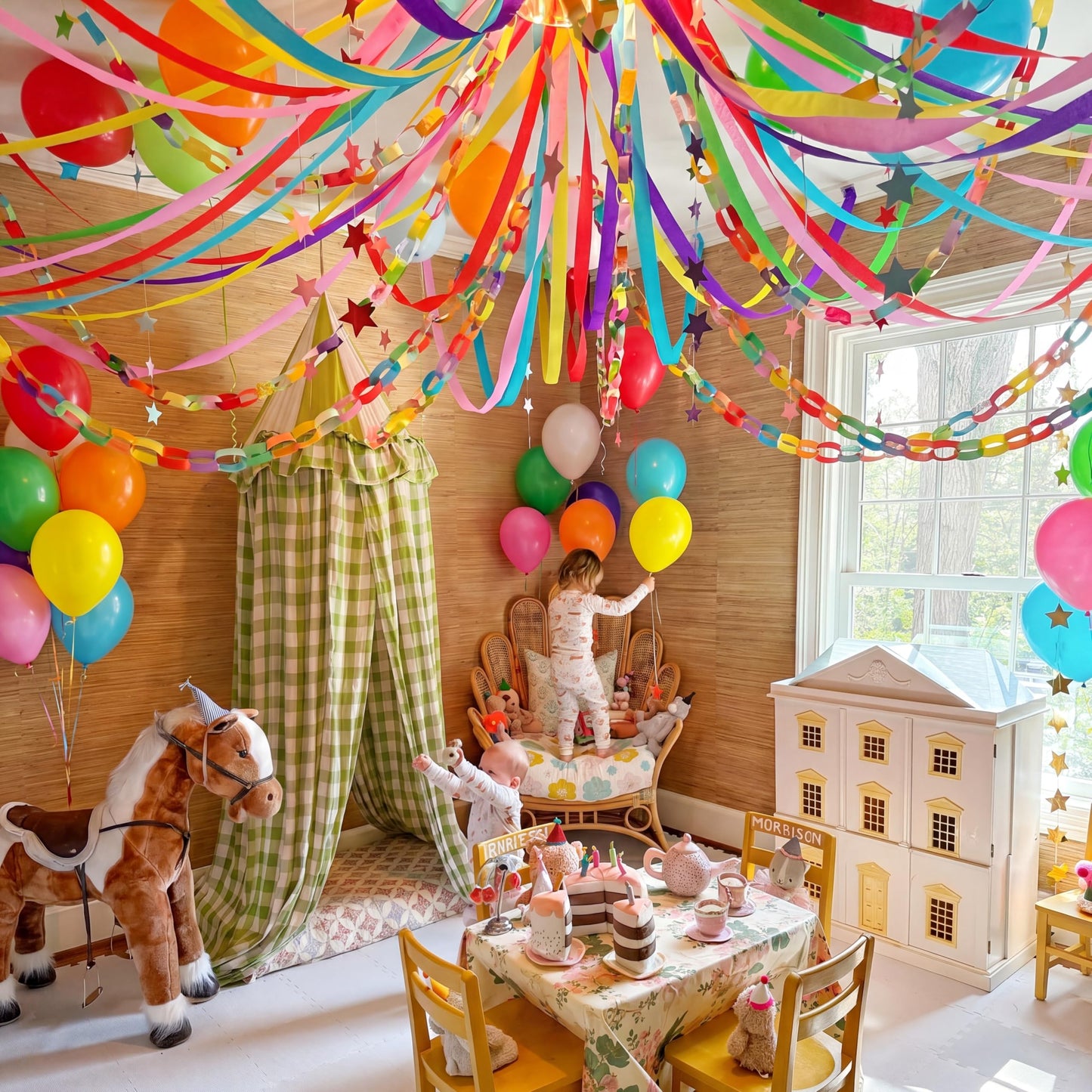 Teyva Daily Rainbow 665 Pcs Birthday Party Decor Kit 600 Sheets Paper Chain Garland 10 Rolls 330 ft Pastel Crepe Paper 50 Balloons 4 Star Stripe and Stapler Set DIY Hanging (0.98" X 8.66")