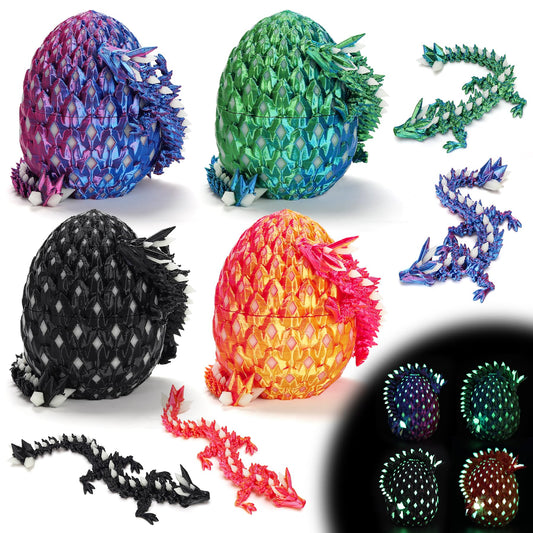 4 Pcs 3D Printed Dragon Glow in The Dark with Eggs, Easter Basket Stuffers Dinosaur Fillers Eggs Fidget Toys for Kids, Birthdays, Christmas, Easter Decorations Gifts Indoor Outdoor for Girls Boys
