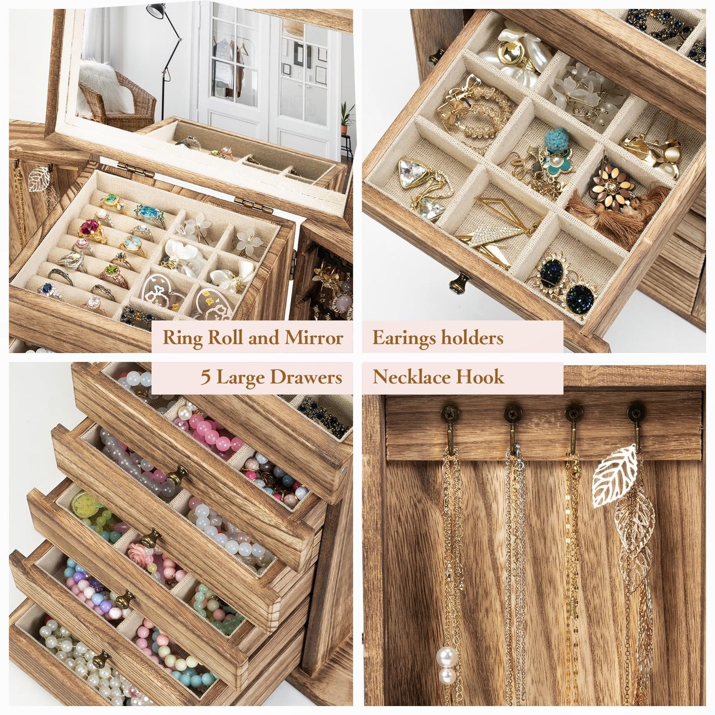 Emfogo Wooden Jewelry Box for Women, 6-Tier Large Jewelry Organizer Boxes with Mirror Rustic Solid Wood jewlery Storage Display for Rings Earrings Necklaces Bracelets watches(Carbonized Brown)
