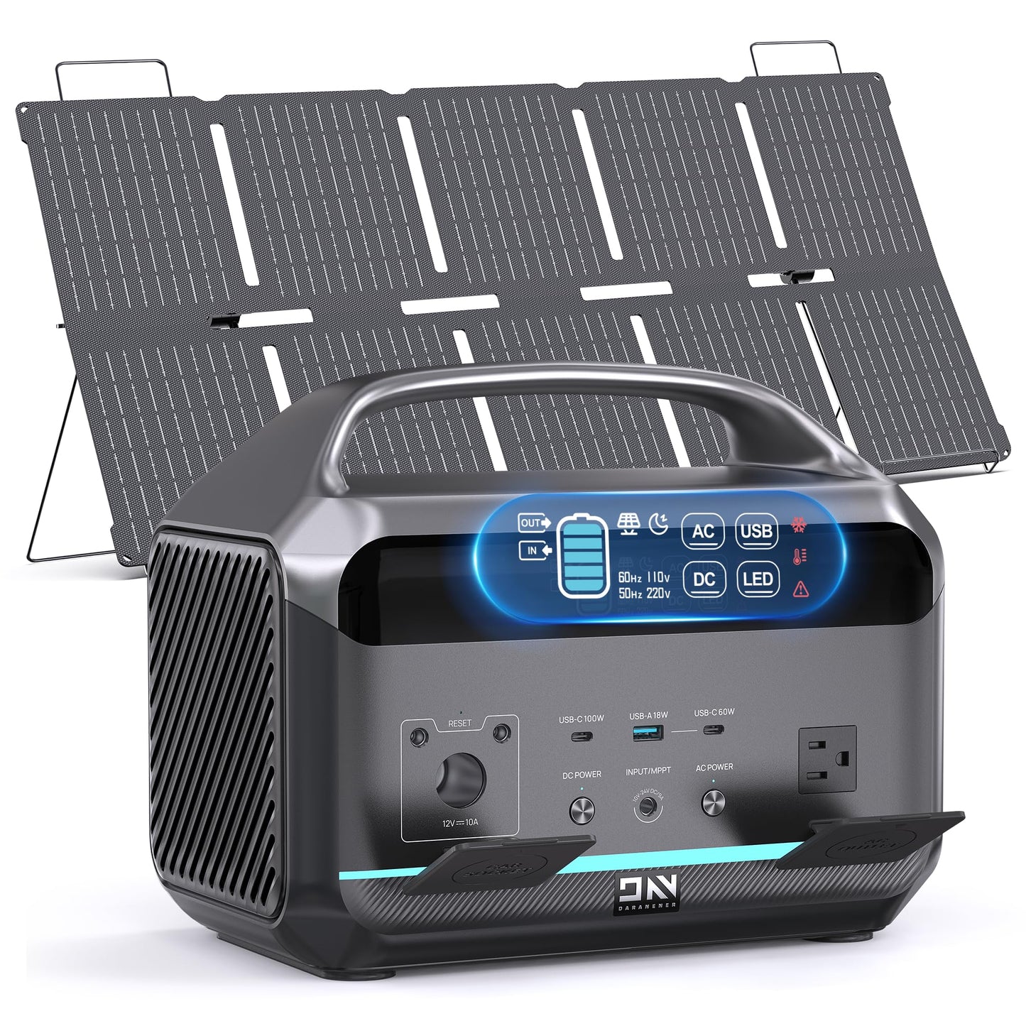 Portable Power Station 600W (1200W Surge) with 100W Solar Panel Included, 576Wh LiFePO4 Electric Generator, 1Hr Fast Charging, 100W USB-C PD Output, Solar Power Bank for Home Emergency, Camping, CPAP