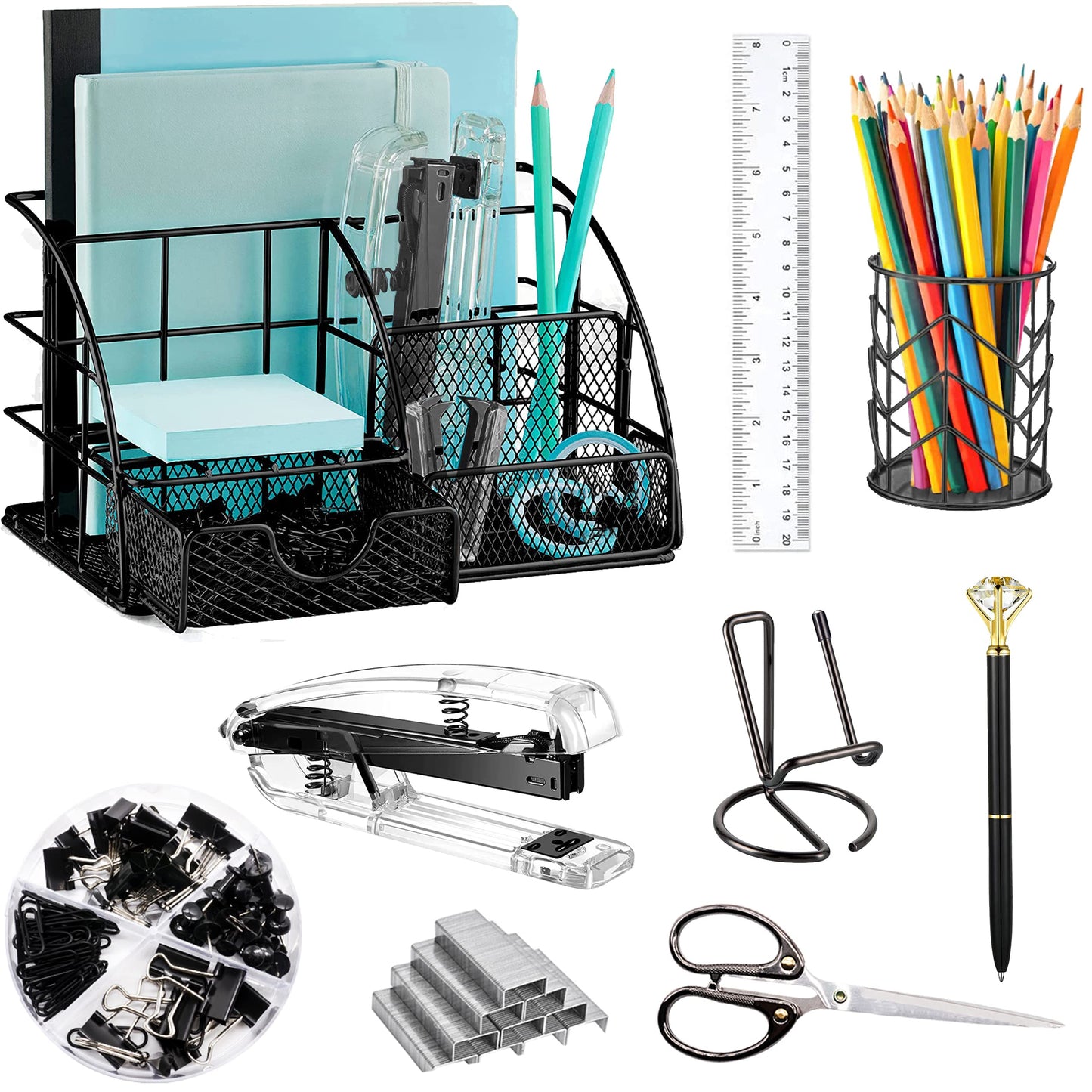 KAAKOW Black Desk Organizers and Accessories Office Supplies Set Stapler, Pen Holder, Phone Holder, Scissors, Pen, Ruler, 30 Paper Clips, 22 Binder Clip, 20 Tacks and 1000pcs Staples
