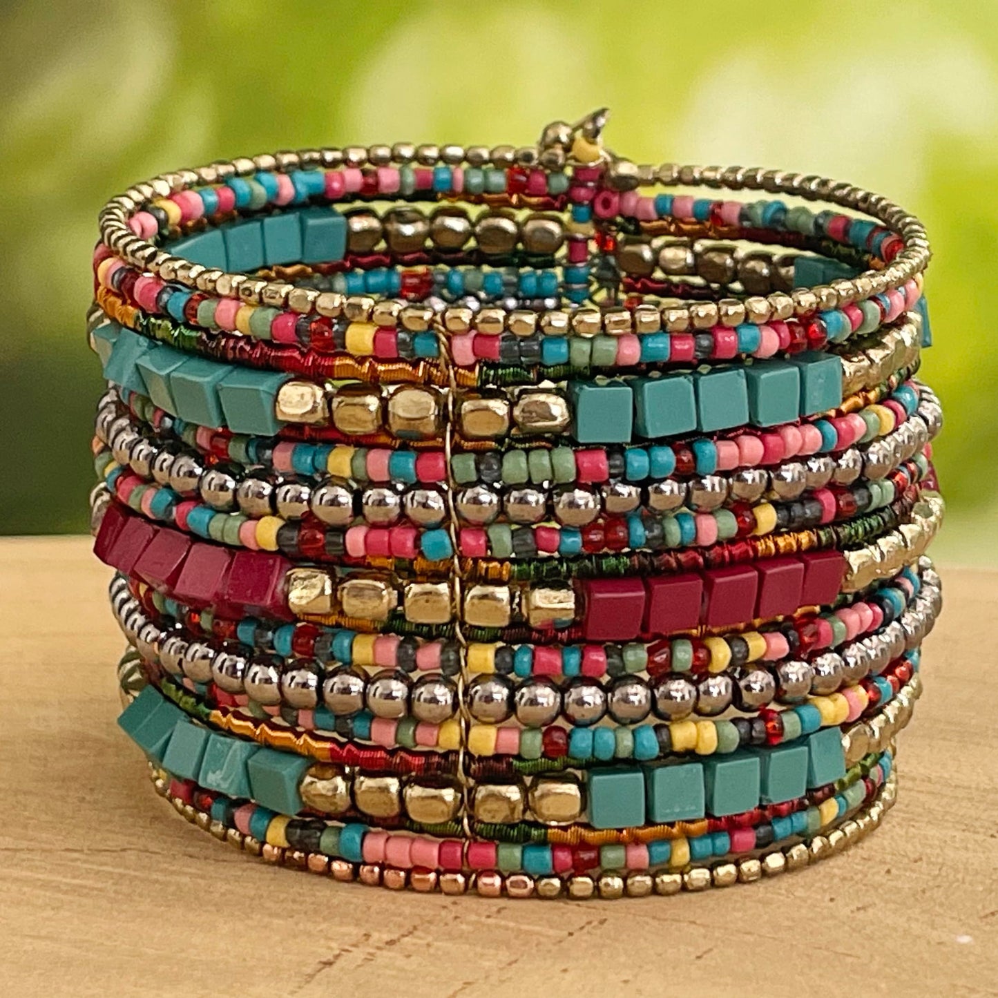 SPUNKYsoul Presents Zura Cuff Bracelet for Women Collection - Adjustable, Stylish Boho Inspired Beaded Bracelets, Trendy Stackable Bead, Ideal for Everyday Wear & Special Occasions (Teal, Red, Cube)