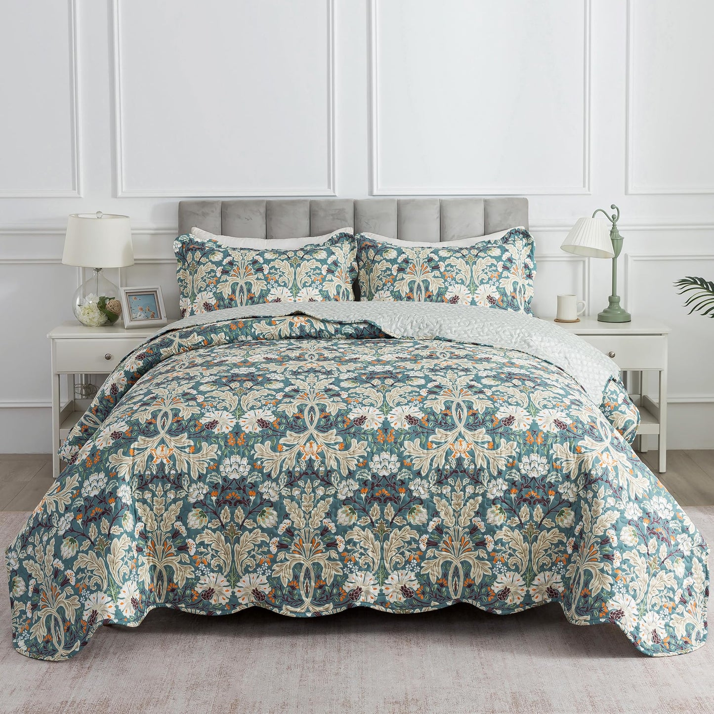 HoneiLife Queen Quilt Bedding Set - Microfiber Quilt Sets for Queen Bed, 3-Piece Lightweight Bedspreads,Reversible Coverlets Rustic Bed Cover, Floral Bedding Set All Season Quilts-Grayish Green