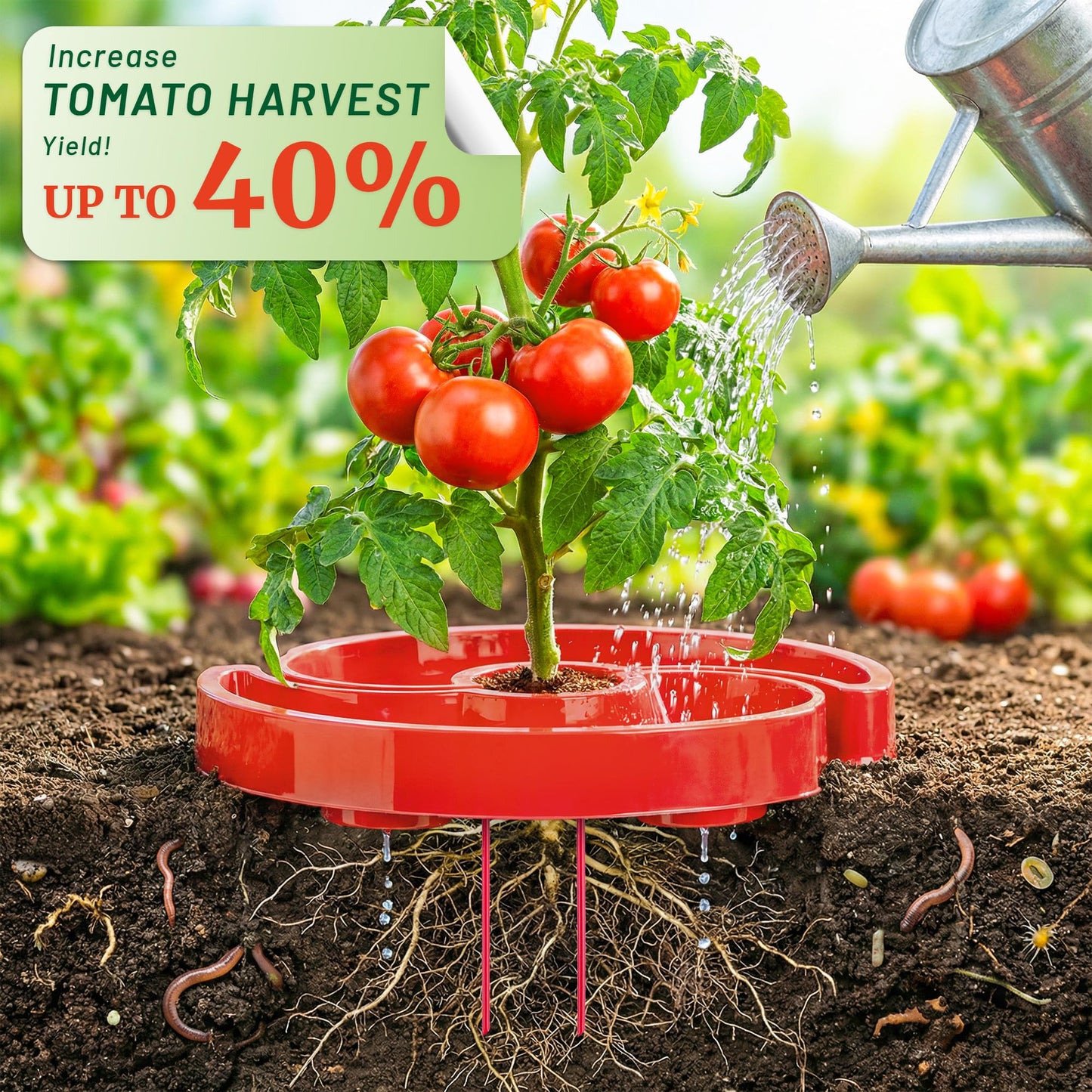 HolyMaji 8 Sets Tomato Watering Ring, Aqua-Direct Red Tomato Halo for Vegetable Direct Root Irrigation, Cuts Runoff, Promotes Vigorous Plant Growth | Rapid-Stake Mount