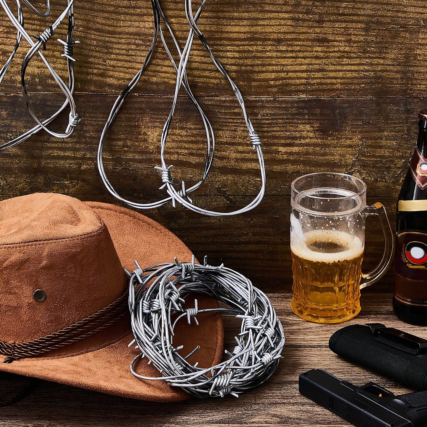 Taiyin 4 Pcs 32.8 Foot Fake Barbed Wire Rusted Western Props Decor Plastic Faux Wire Wreath Ornaments for Cowboy Cowgirl Party (Silver)