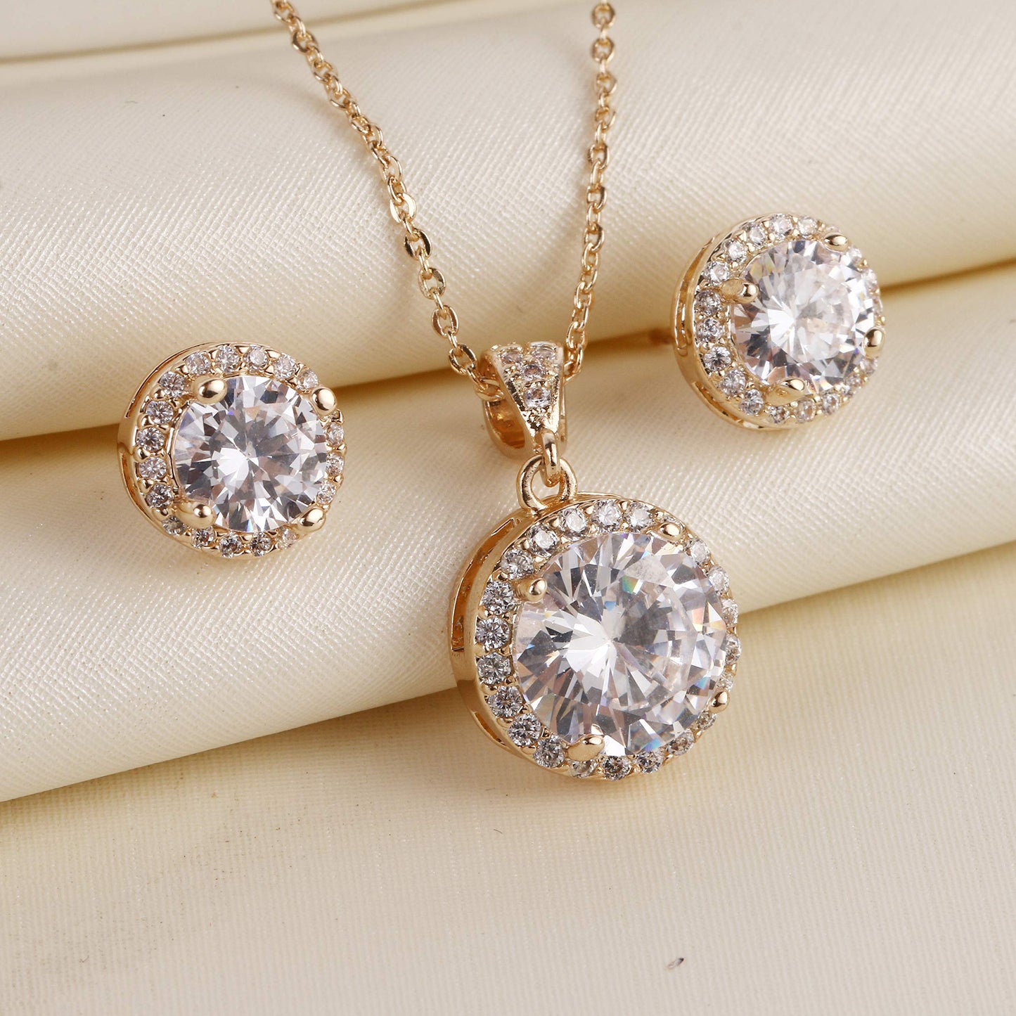 AMYJANE Crystal Jewelry Set Bride Bridesmaids - 14k Gold Plated Sterling Silver Round Cubic Zirconia Crystal cz Bridal Pendant Necklace Earrings Set for Women Party Prom