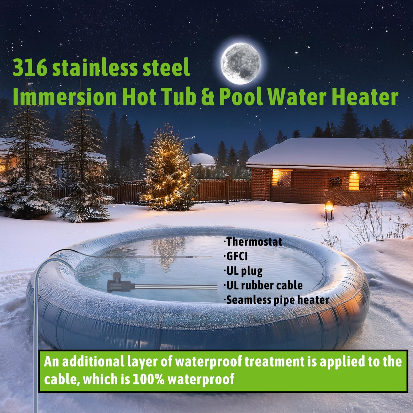 LINGLONGTEMP 1000W Titanium Submersible Hot Tub & Pool Portable Electric Immersion Water Heater with Temp Control & GFCI for Bathtubs, Buckets, Baptism Pool, Inflatable Pool, Baptistry & Sap tub