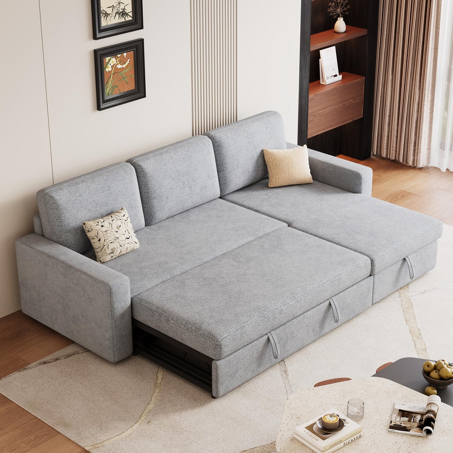 FAVSH 81-Inch L-Shape Sectional Couch, 4-in-1 Multifunctional Pull-Out Couch Sleeper Sofa with Storage Chaise & Removable Back Cushions, for Living Room/Office/Apartment (Light Gray)