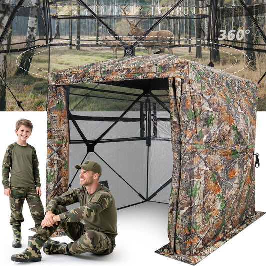 TYRSEN Hunting Blind with Magnetic Full Open Large Door & Silent Windows, 360° See Through Pop Up Ground Blind for 3-4 Person, Tent for Deer Turkey Hunting, Waterproof, Camo, Portable, Carry Bag