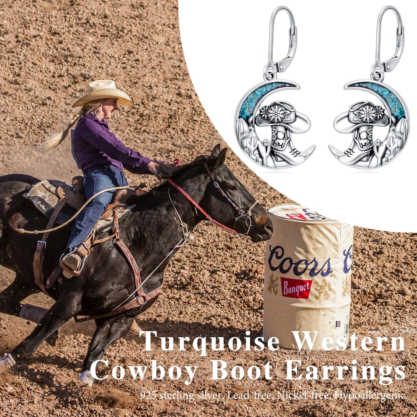 YYmqmq Western Cowboy Boot Earrings for Women 925 Sterling Silver Moon Dangle Leverback Earrings Turquoise Western Jewelry Gifts for Women Cowgirl Lovers