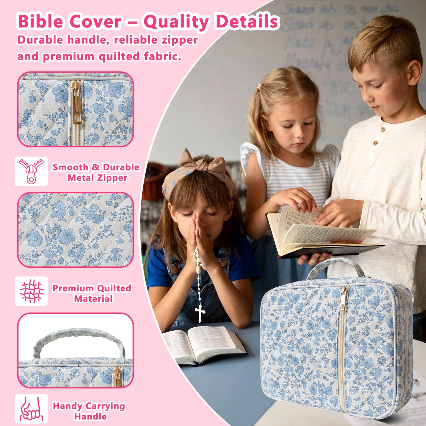 CasaRovela Bible Cover for Women, Large Quilted Case with Handle, Durable Bag and Carrying Case for Girls, Study Supplies Accessories, Christian Gift for Women (Blue Flower, Large)