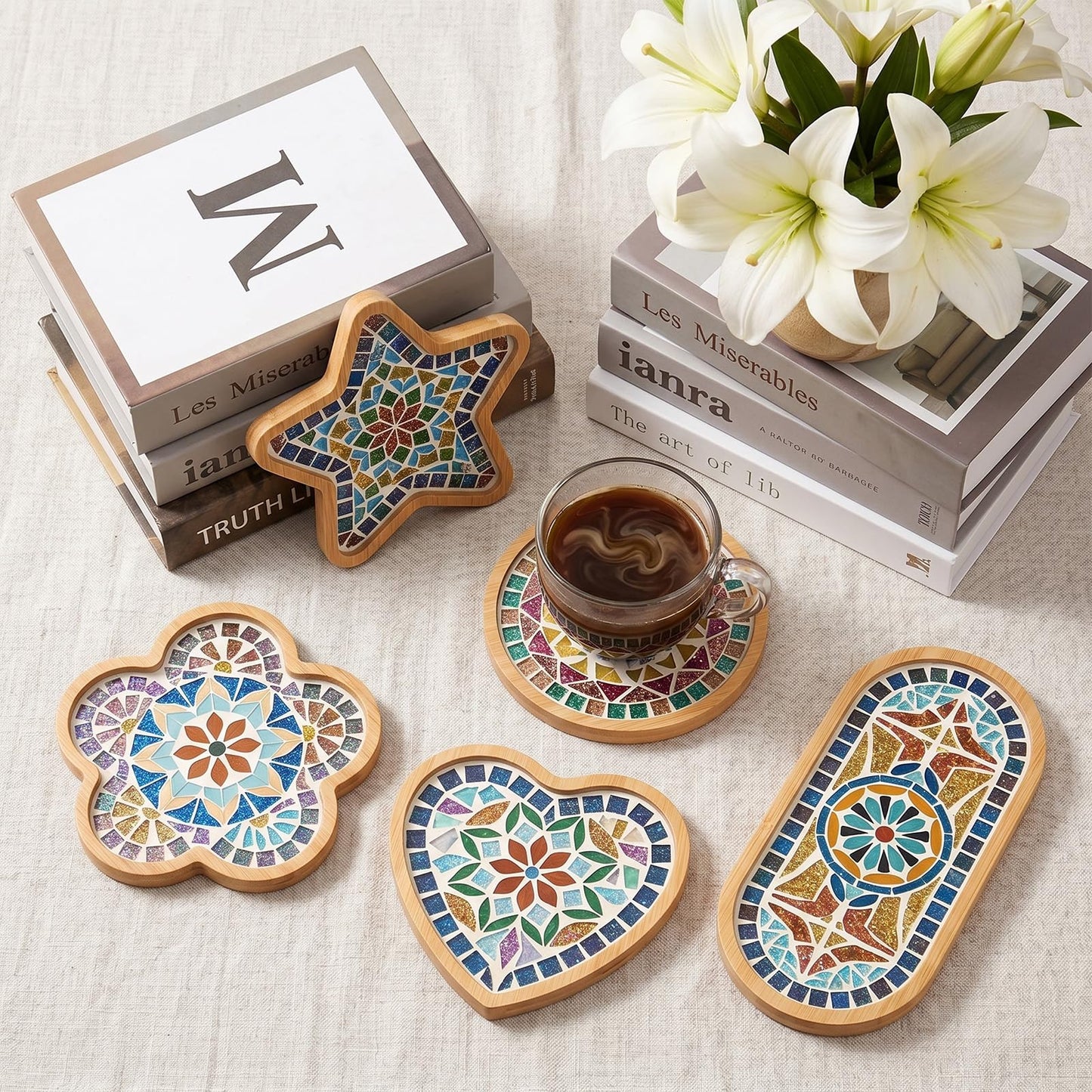 mekueeex 12pcs Mosaic Tiles for Crafts Wooden Coaster Bases Set, Mosaic Kits for Adults DIY Home Decor, Mosaic Kit with Bamboo Shapes for Glass Tile Art Projects, Round Square Hexagon Heart Star Deer