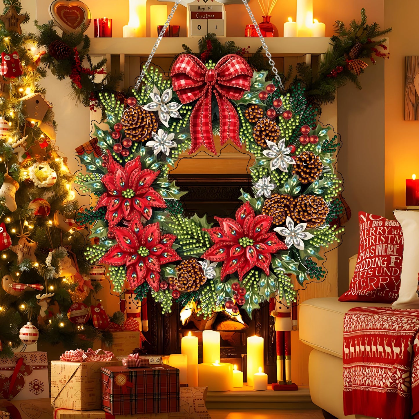 Diamond Art Hanging Kit for Adult,Special Shaped Rhinestone,DIY Acrylic Diamond Art Painting Window Pendants Home Garden Wall Hanging Kits Hanging Ornament,Double Sided. (Christmas Wreath)