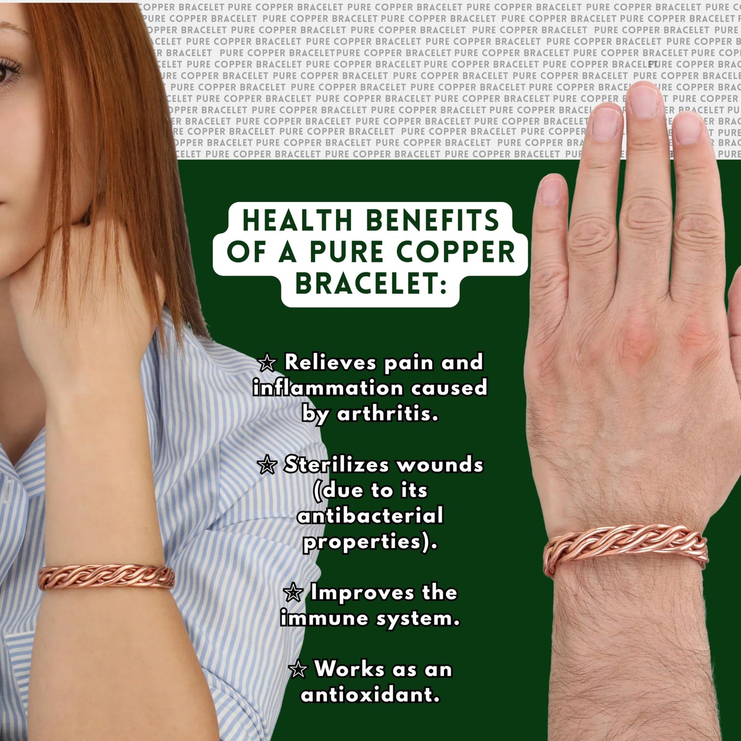 tunarts Handmade Elegant Copper Bracelet for Women and Men-Pure Copper Bracelet for Pain Relief-Adjustable,Thickest,Twisted Copper Wire Bracelet (red folded)