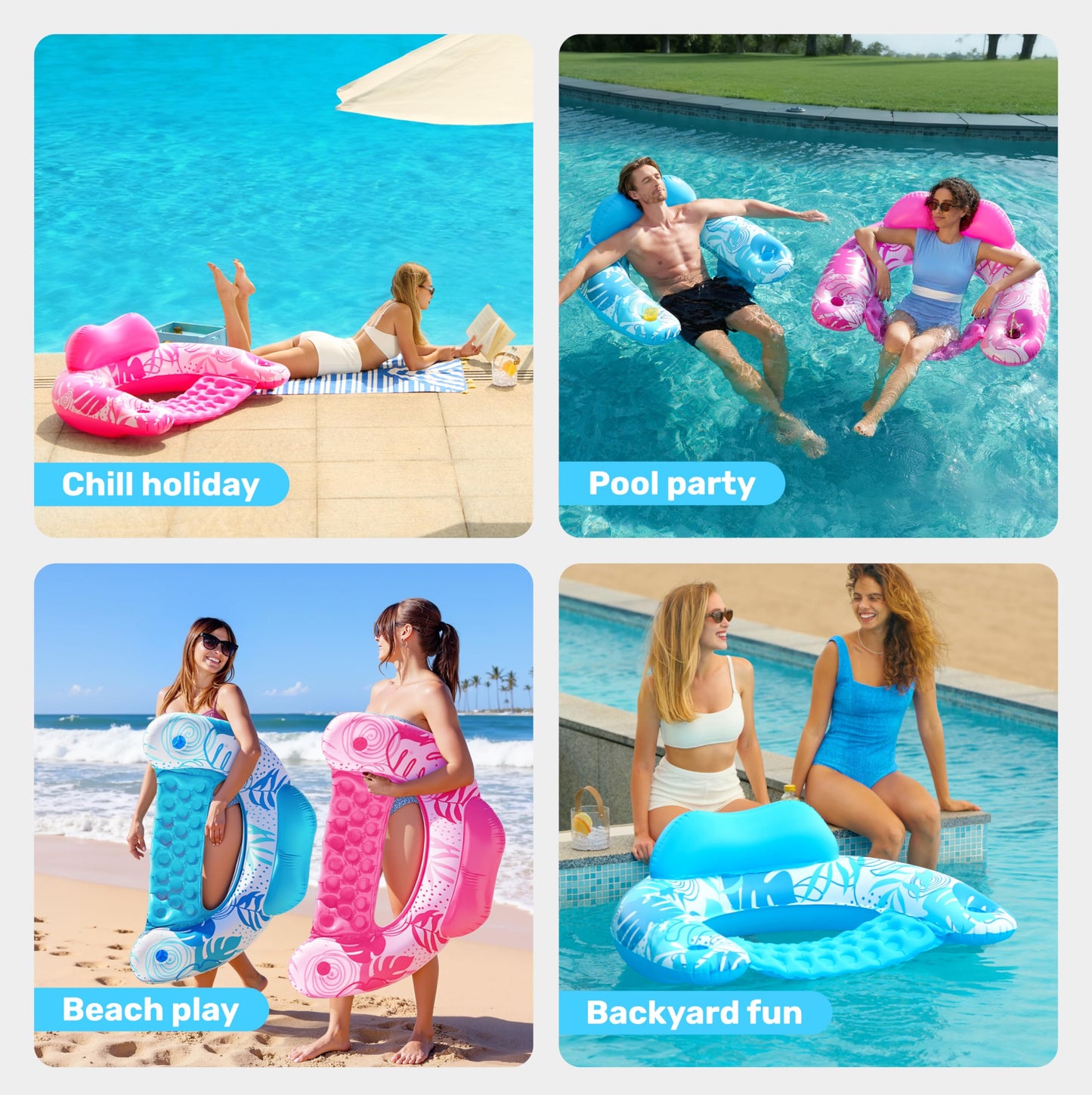 SLOOSH Inflatable Pool Floats Adult, 4 Pack Pool Chairs with Cup Holders,Blow up Floats Chair,Hammock Noodle Mat Leaves Design for Summer Water Fun Swimming Party Beach,Blue, Cyan, Pink, Champagne