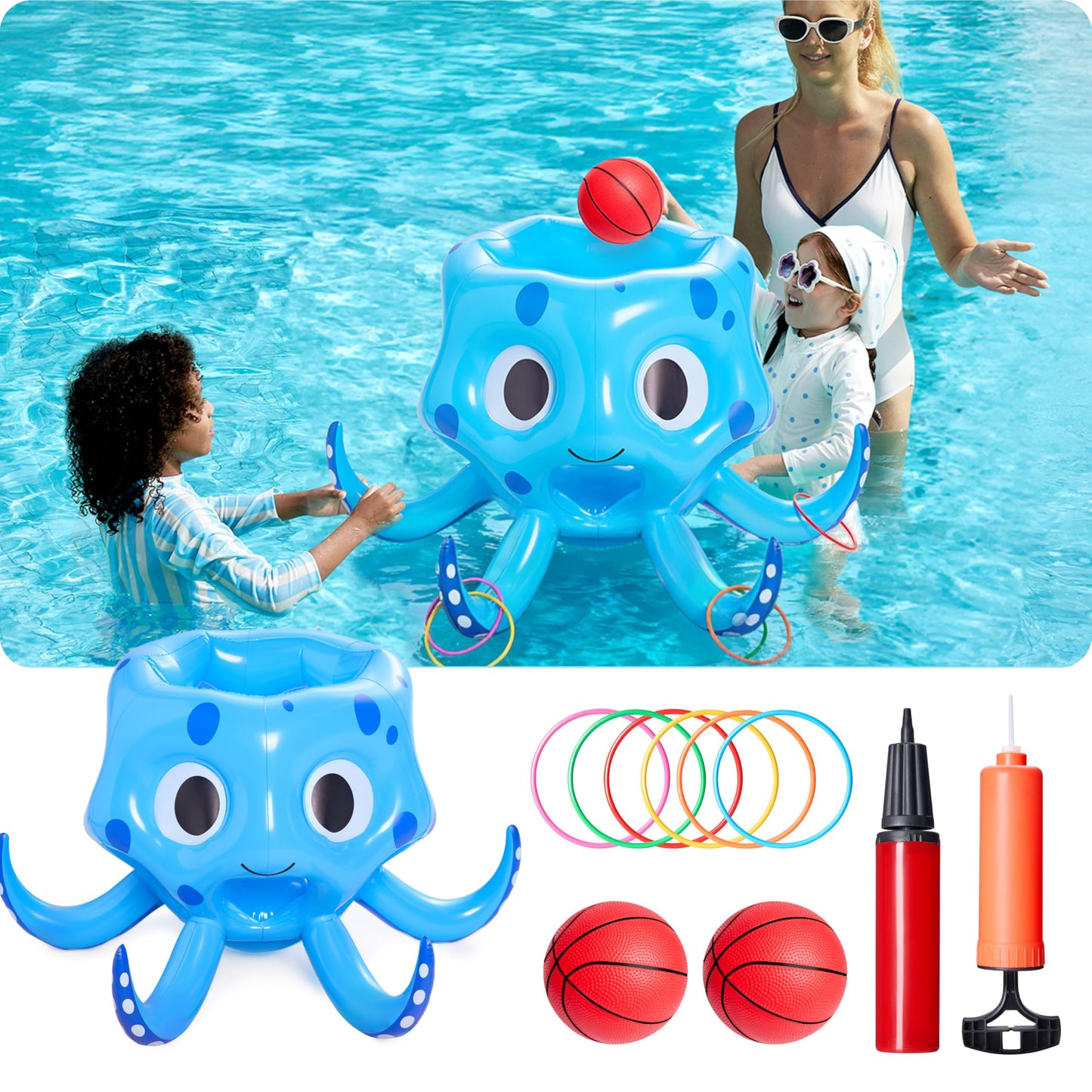 Sloosh Pool Toys, 2-in-1 Inflatable Float Water Game, Octopus Basketball Hoop Ring Toss Outdoor Swim Play, Toss Game Floating Swimming Pool Games for Kids Adults