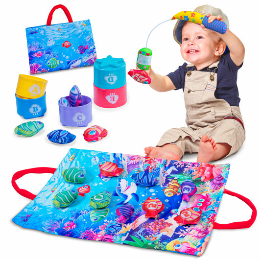 Infinno Count Learning Montessori Toys - for Babies & Toddlers 1-3 Year Old with 15 Numbered Fish & 5 Cups & 2 Fishing Rods- Sorting,Stacking,Counting