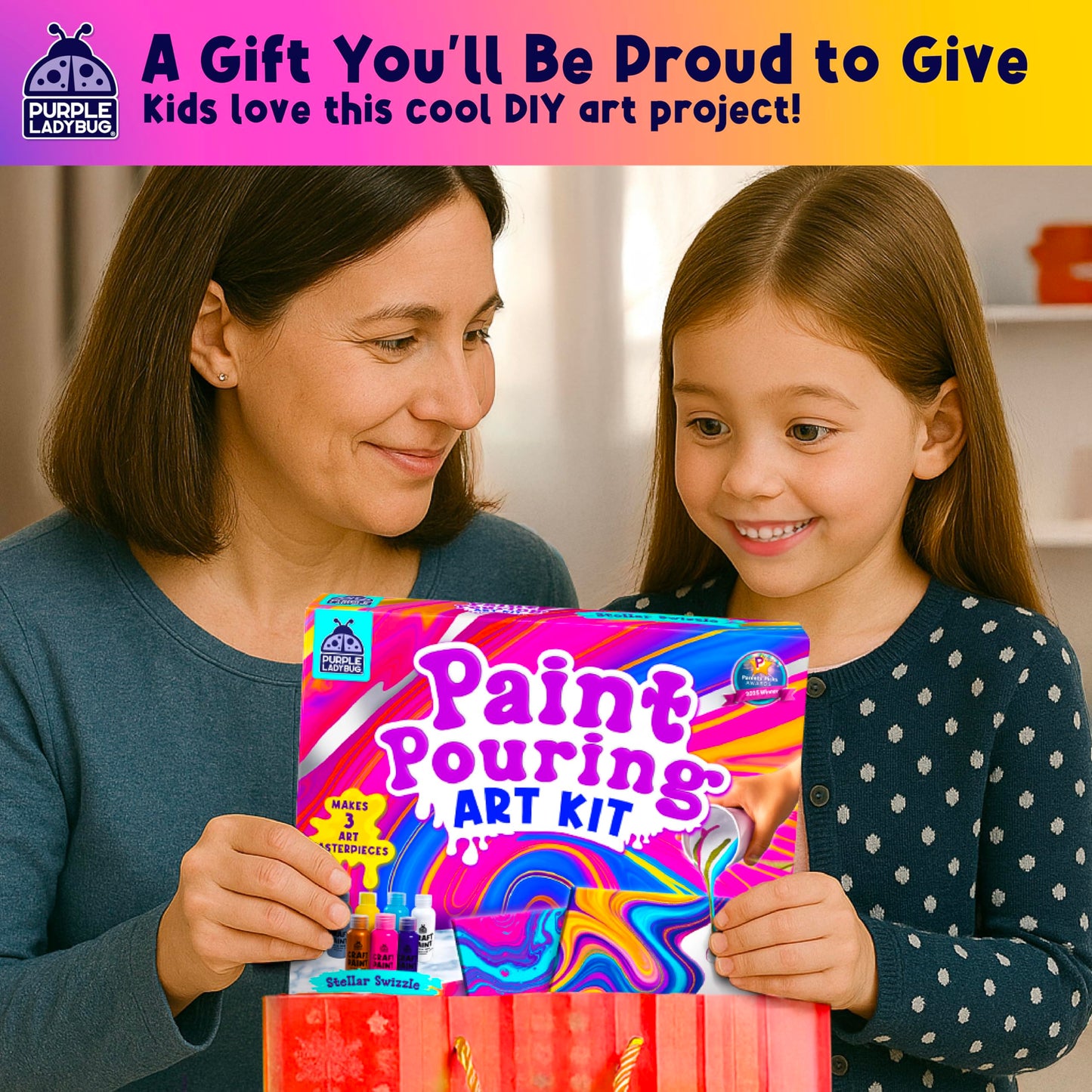 PURPLE LADYBUG Low-Mess Paint Pouring Art with Gloves & Table Cover - Washable & Non-Toxic Kids Painting Kit, Art and Crafts for Kids Ages 8-12, Birthday Gifts for 6+ Years Old, Crafts for Girls 8-12