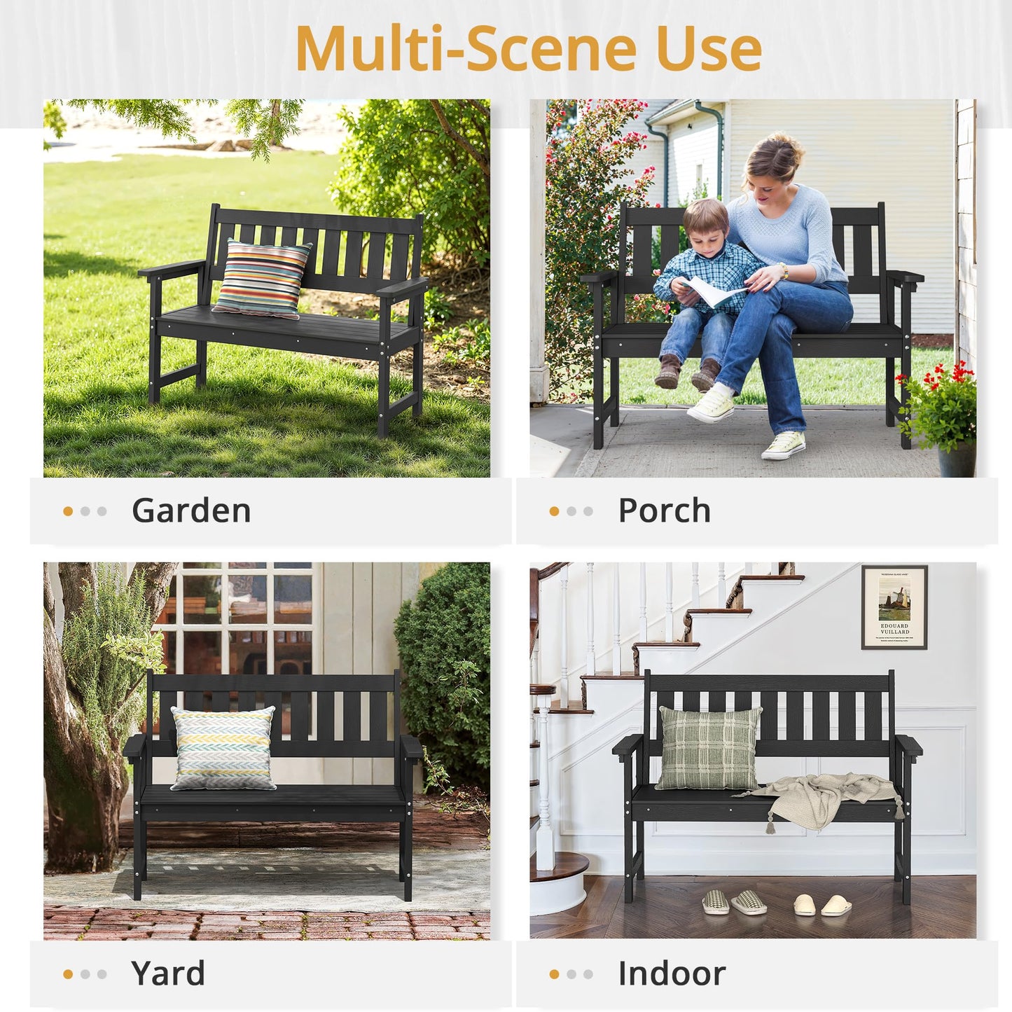 LUE BONA Outdoor Bench, 2-Person HDPS Garden Bench, Outdoor Benches Weatherproof, All-Weather Fade/Rot Resistant Patio Bench for Park, Front Porch, Backyard (Black)