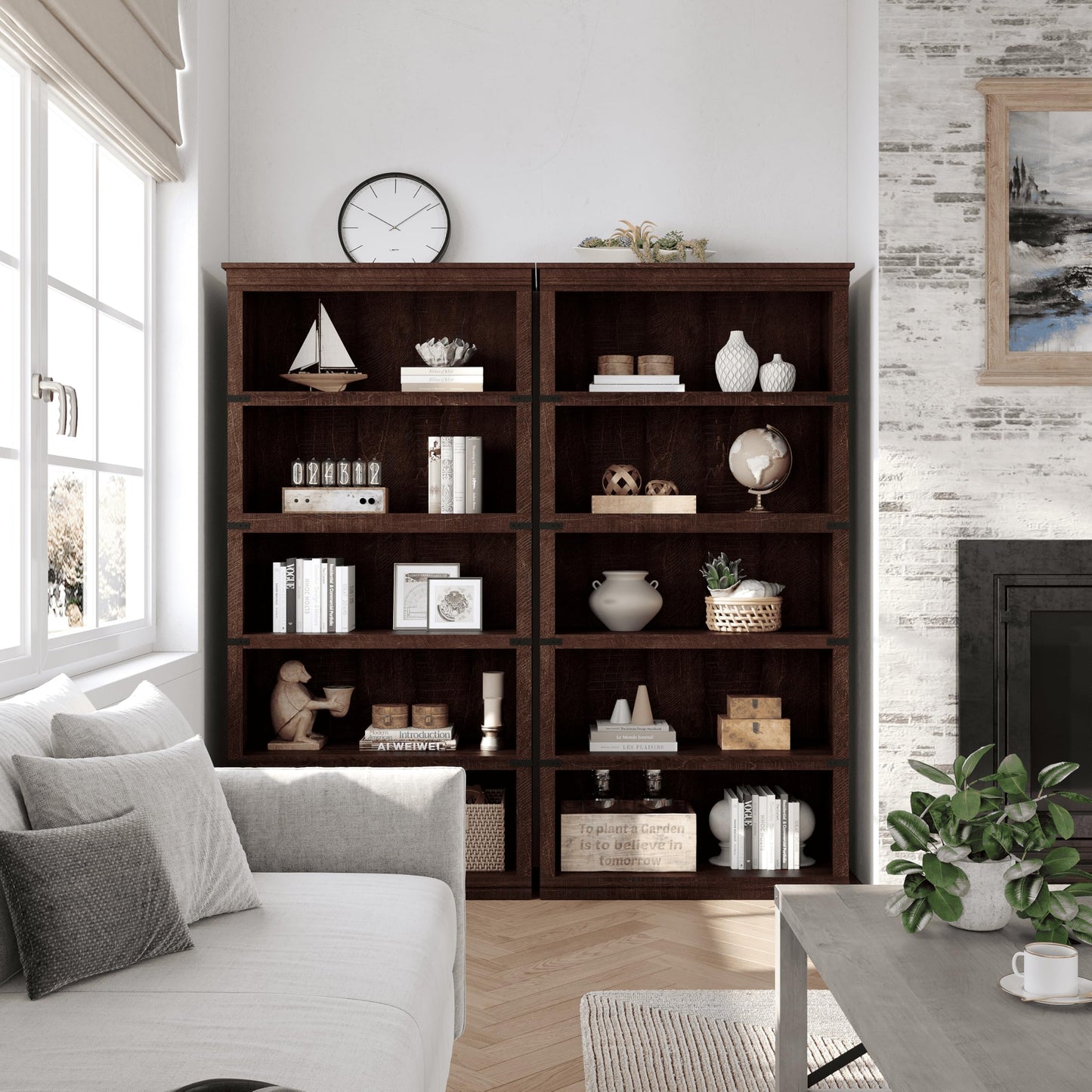 5 Tier Farmhouse Bookcase, 67.4" Tall Book Shelf with Storage, Wooden Bookshelves 5 Shelf Display Shelves for Home Office(67.4" H x 31.5" W x 12.8" D) (Reddish Brown, 67.4" H x 31.5" W x 12.8" D)