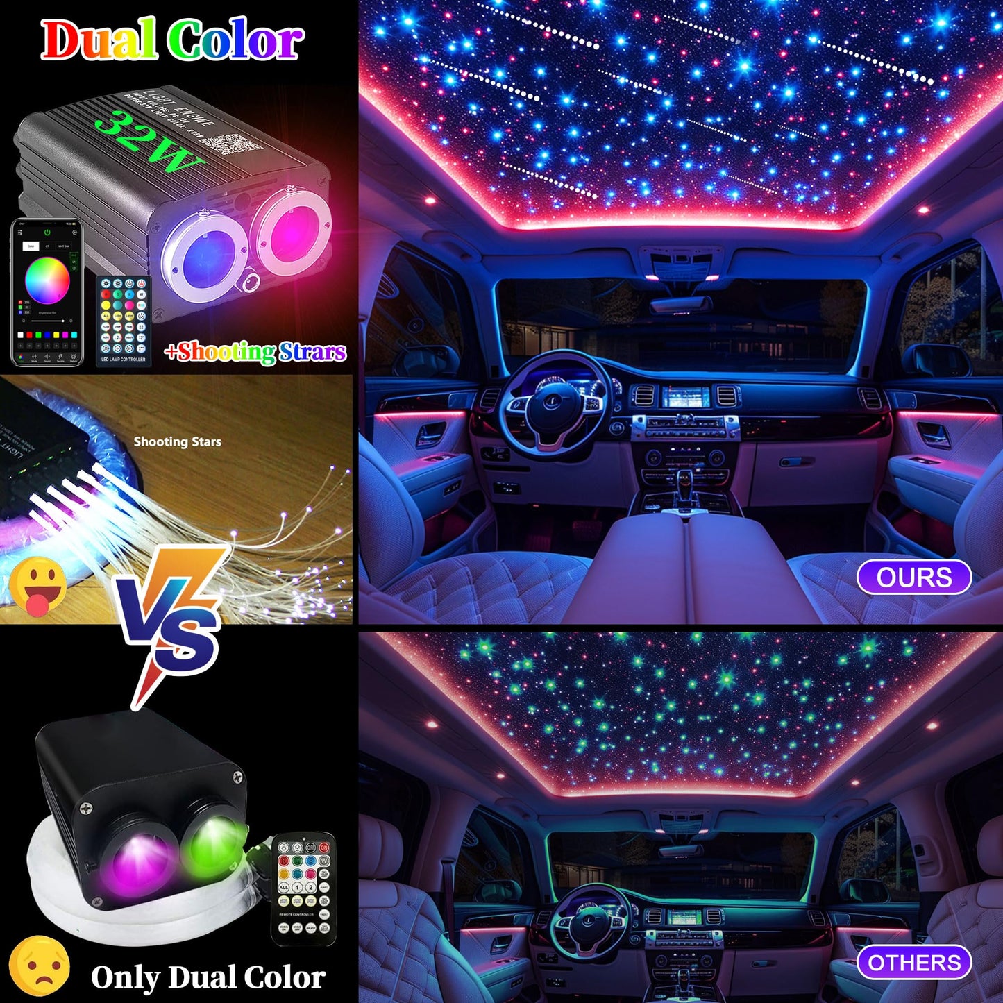 Dual-Color Starlight Headliner Kit - 1300pcs 0.03in 13.5ft Fiber Optic Star Lights for Car with 32W RGBW, Shooting Meteor & Music Sync, APP/Remote Control for Car Roof/Bedroom Ceiling