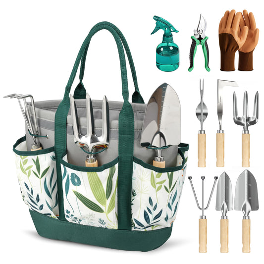 Floraxa 10 Pcs Garden Tool Set, Heavy Duty Stainless Steel Garden Tool with Ash Wood Handle, Rust-Proof Gardening Gifts for Women & Men, Includes Pruner, Weeder & Multi-Pocket Storage Tote Bag (Green)