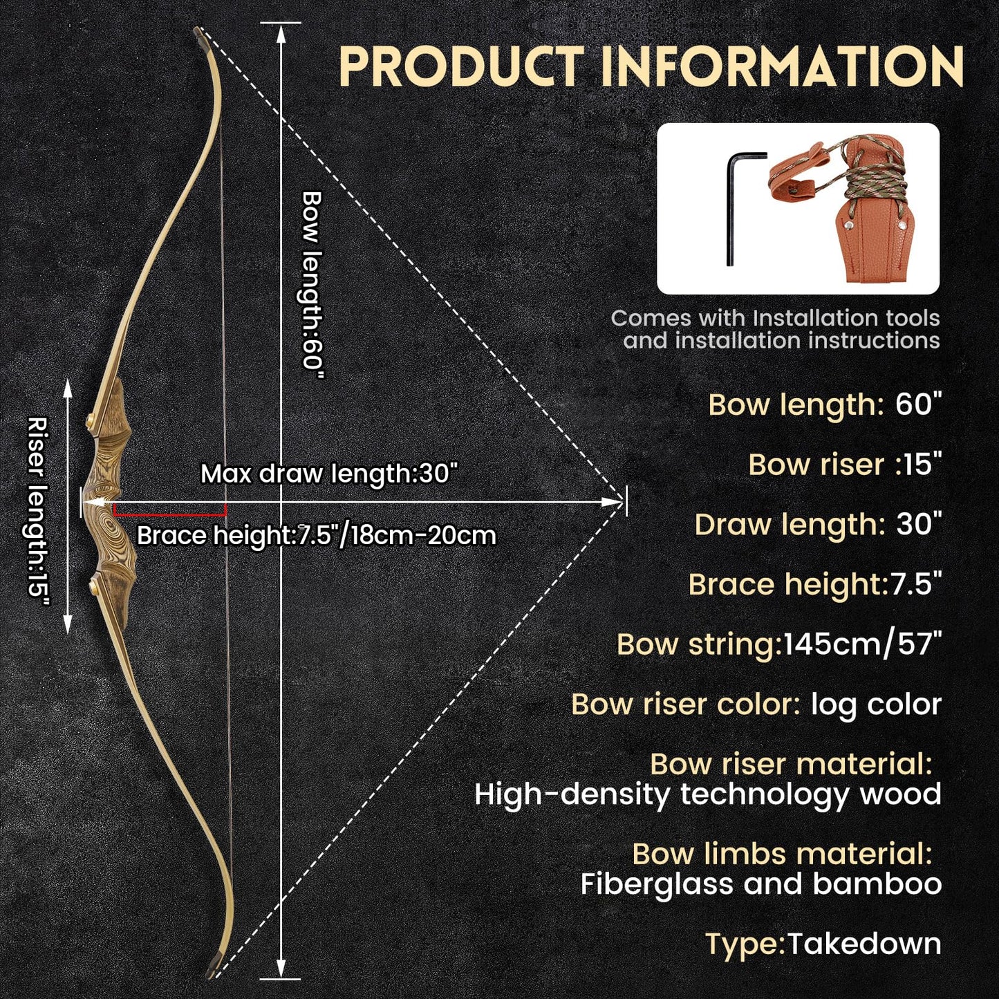 oubert Black Hunter Bow 60 Inch Archery Takedown Recurve Bow 20-60 Lbs Right Hand Hunting Bow with Stringer Tool Wooden Riser Archery Bow Set for Adults Shooting Practice (60LBS)