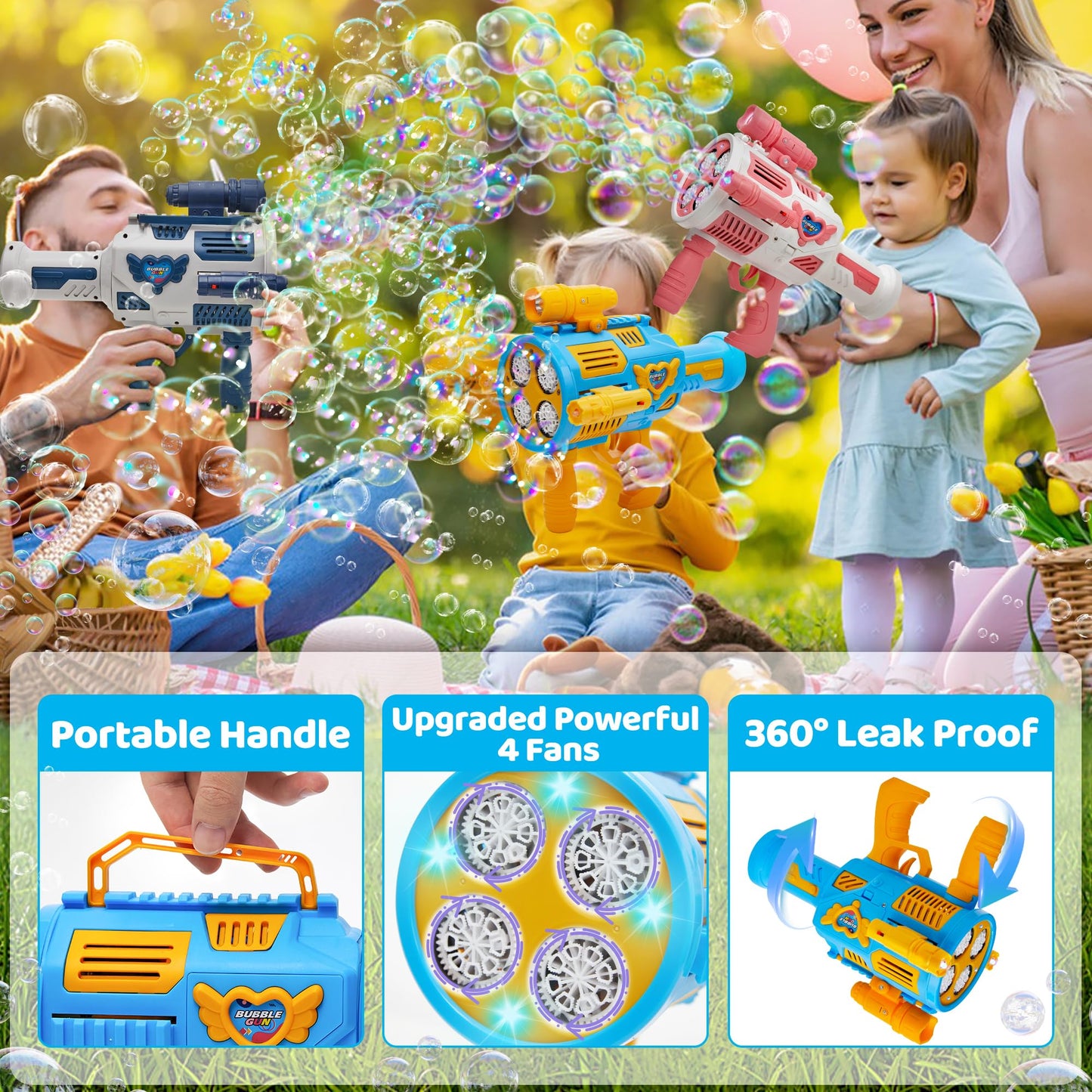 Bubble Machine Gun for Kids Toys,Bubble Gun with Upgraded 4 Fan Drives (Bulit-in 3 oz Bubble Solution) and Colorful Lights, Outdoor Birthday Party Festivel Gifts Wedding Toys
