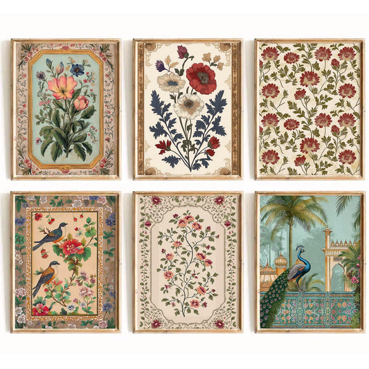 Indian Wall Art Vintage Floral Canvas Poster India Wall Decor Folk Flower Prints Scandinavian Pictures Antique Botanical Painting Gallery Artwork for Bedroom Living Room 8x10 Inch Unframed Set of 6