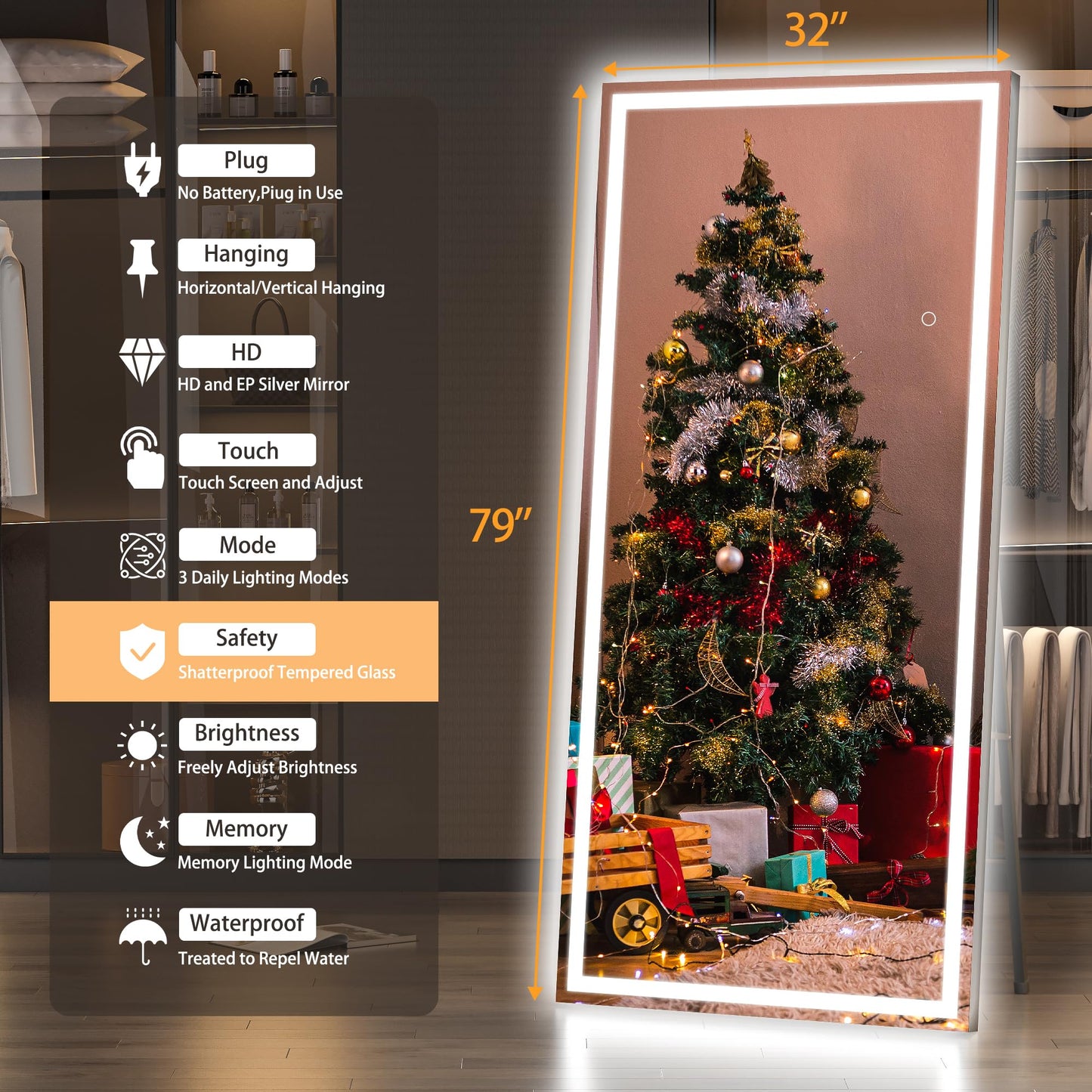 Hasipu Oversized 79” x 32" Full Length Mirror with Lights, LED Lighted Floor Standing Mirror, Full Body Dressing Hanging Mounted Mirrors, Dimmable, Tempered Glass, Safe to Use, Square Black
