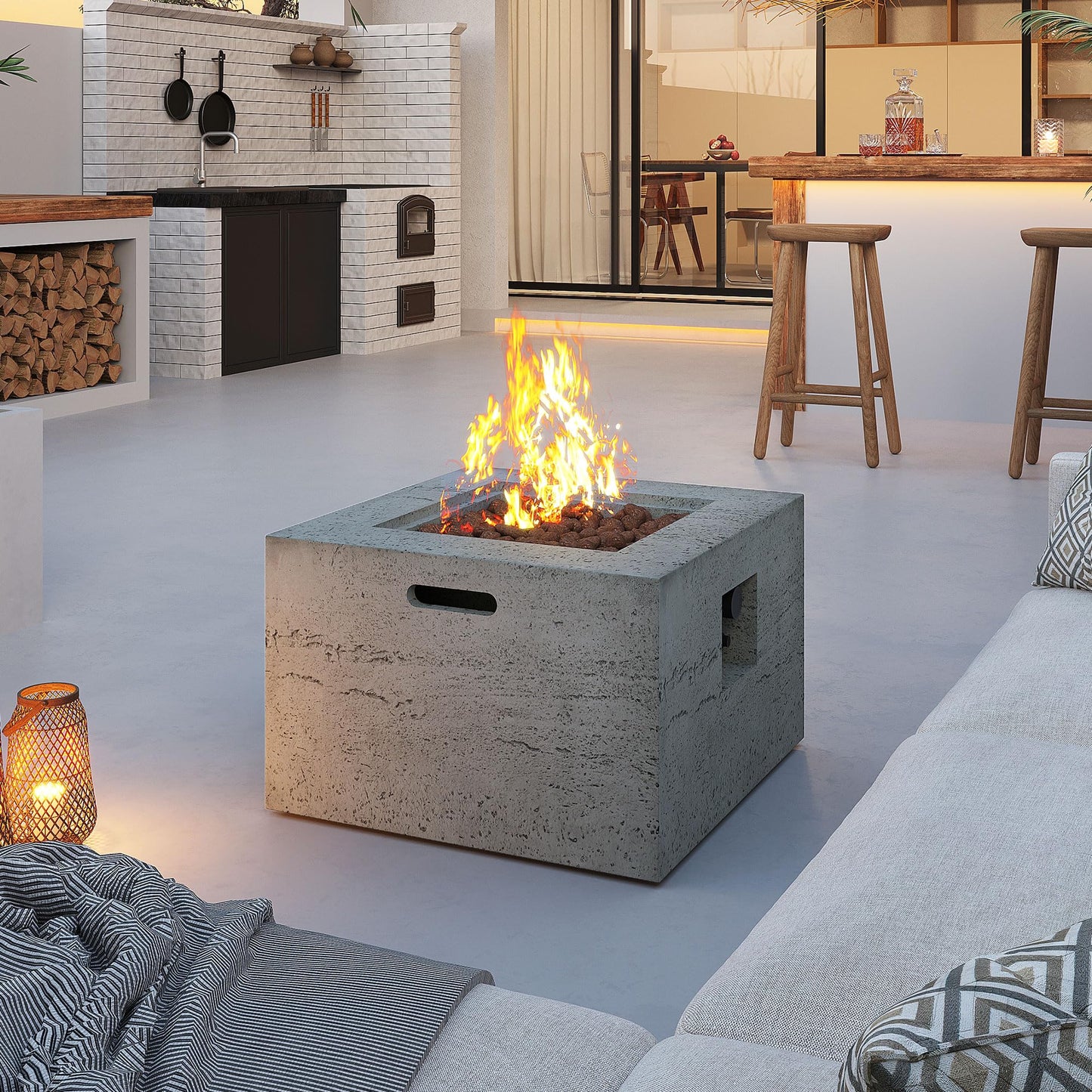 Merax MGO Outdoor Square Fire Pit with Steel Burner,Lightweight 24.02-inch Propane Fire Pit Table with Adjustable Flame, 40,000 BTU, Lava Rocks, and Rain Cover for Patio,Backyard, Poolside, Gray