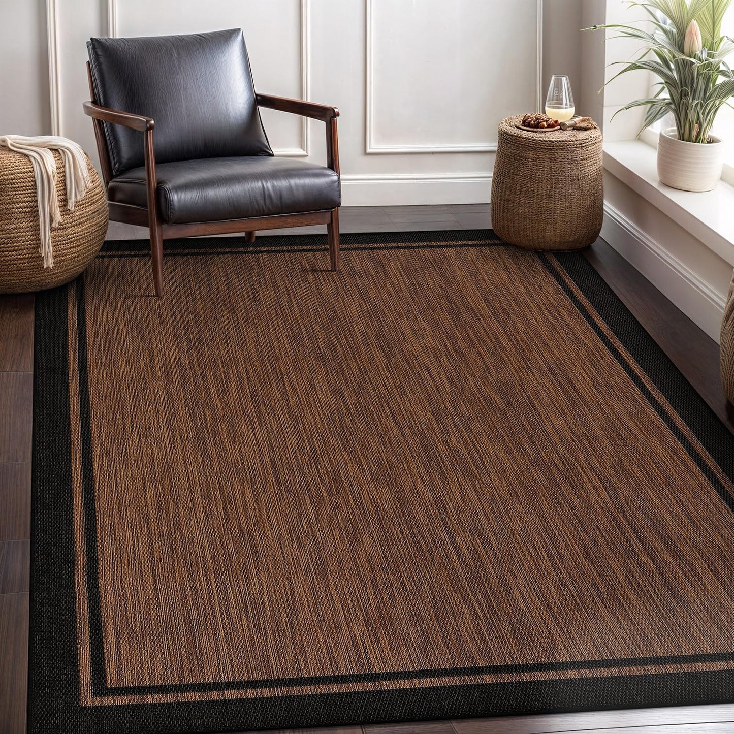CAMILSON Indoor Outdoor Rug, 8x10 Bordered Nut Brown Black Modern Area Rugs for Indoor and Outdoor Patios, Kitchen and Hallway Mats, Washable Porch Deck Outside Carpet (Bordered Nut Brown, 8 x 10)