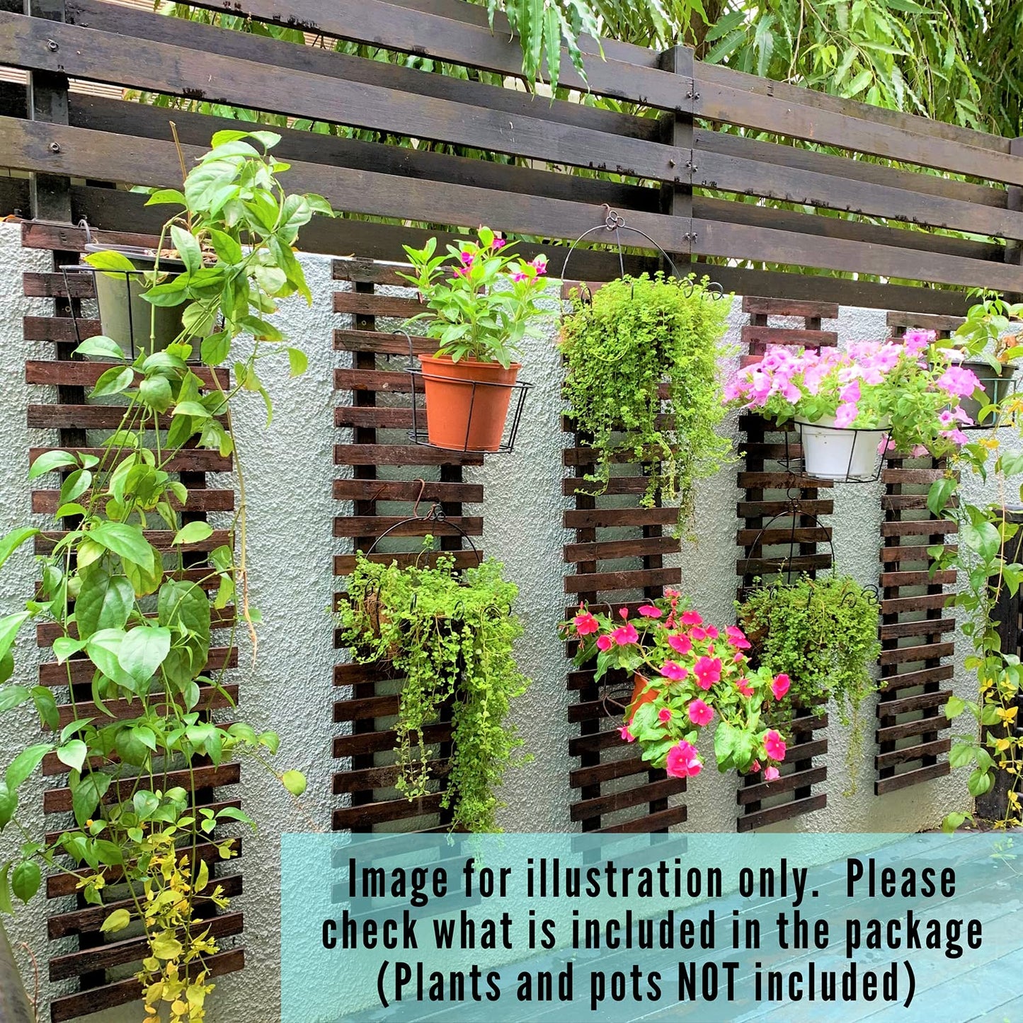 ShopLaLa Bundle- 2 Pack, 35.4 Wooden Plant Holder + 10 Pack, 4 Inch White Self Watering Plastic Pots Large Unique Modern Vertical Wall Mount Hydroponic Garden System Outdoor Planter Dark Brown Decor